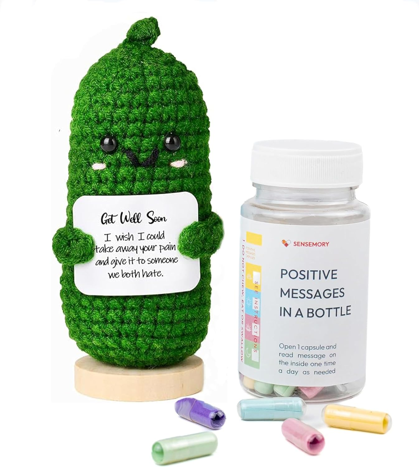 Get Well Soon Gift Set: Positive Message in a Bottle with Funny Knitted Cucumber & Card - Thoughtful Self-Care Gifts for Women & Men after Surgery or Cancer - Feel Better Gifts in Cozy Wool image number 1