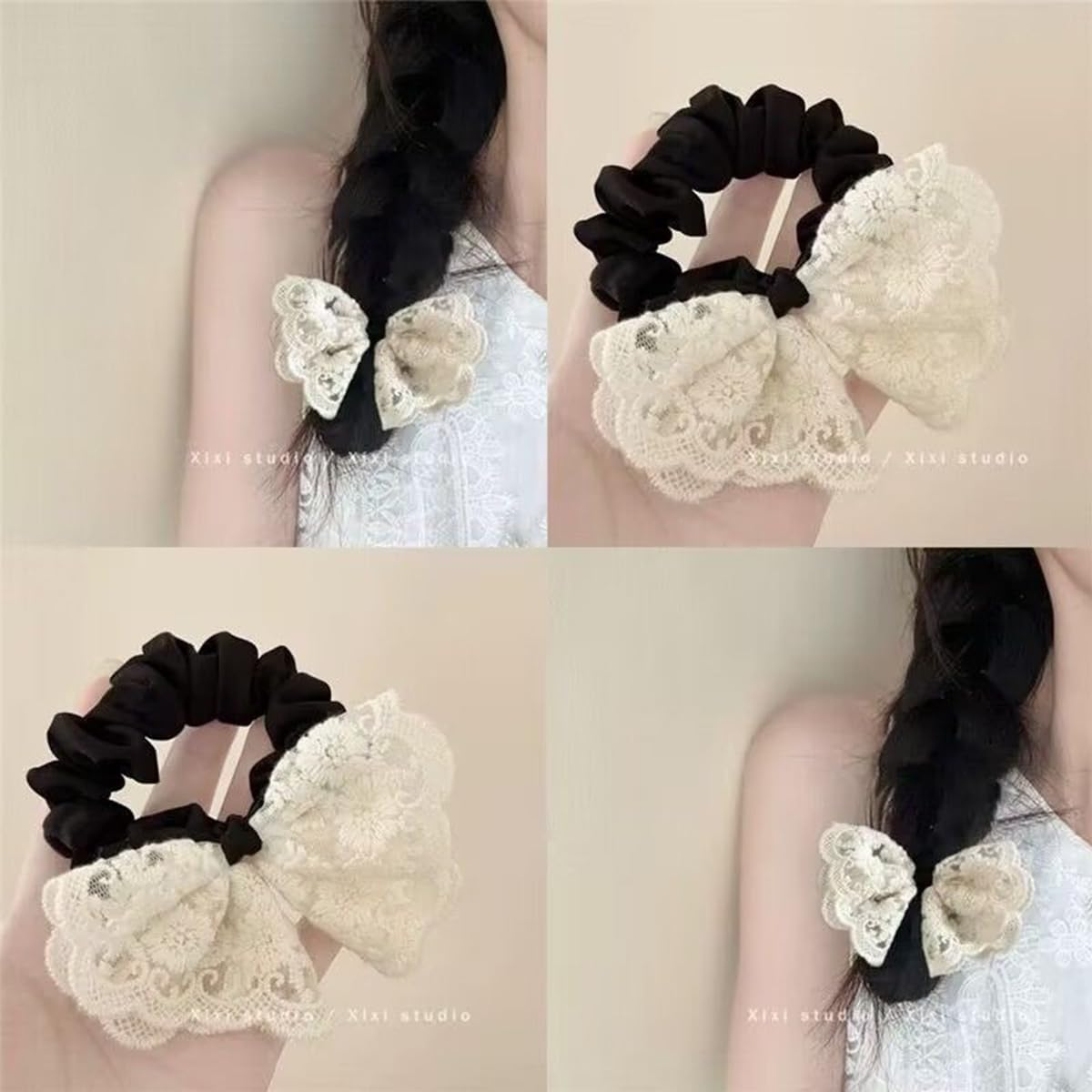 Pack of 6 Hair Bobbles Scrunchies for Women French Hair Accessories Retro Satin Elastic Thick Bands Hair Clip Hair Ties image number 4