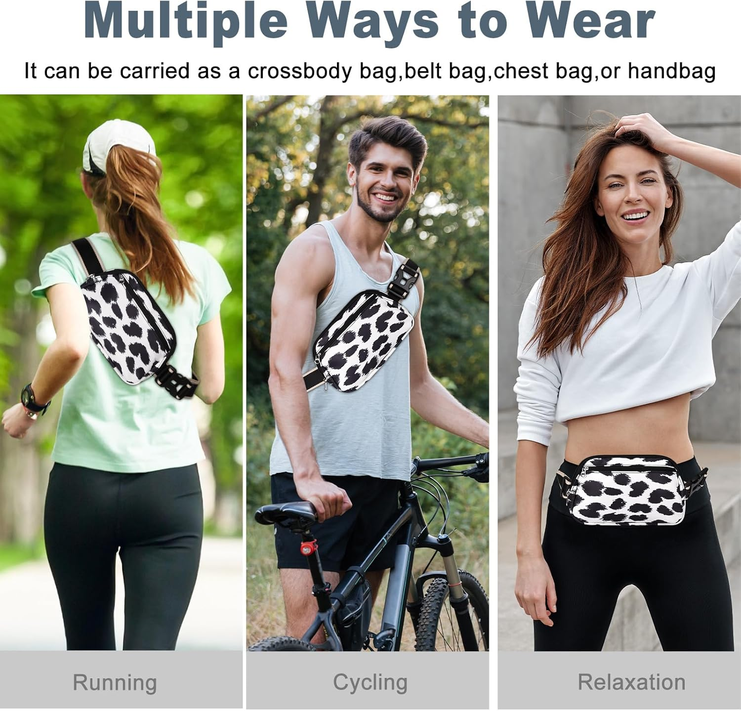 Dmluna Small Crossbody Bags for Women Trendy, Lightweight Fanny Pack for Women & Men, Mini Belt Bag, Waist Bag with Adjustable Strap for Running Workout Traveling, Z - Black/White Leopard, Small, - Beige image number 2