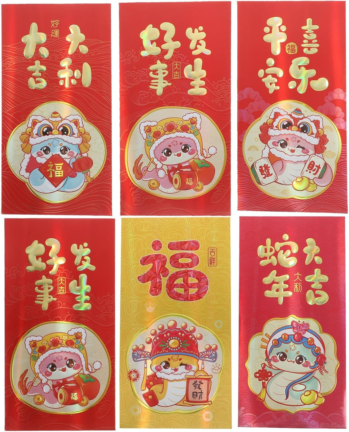 Tofficu 6Pcs Red Envelopes Chinese, 2025 Snake Red Pockets, Chinese Hongbao Lucky Money Envelopes for Chinese Lunar Year