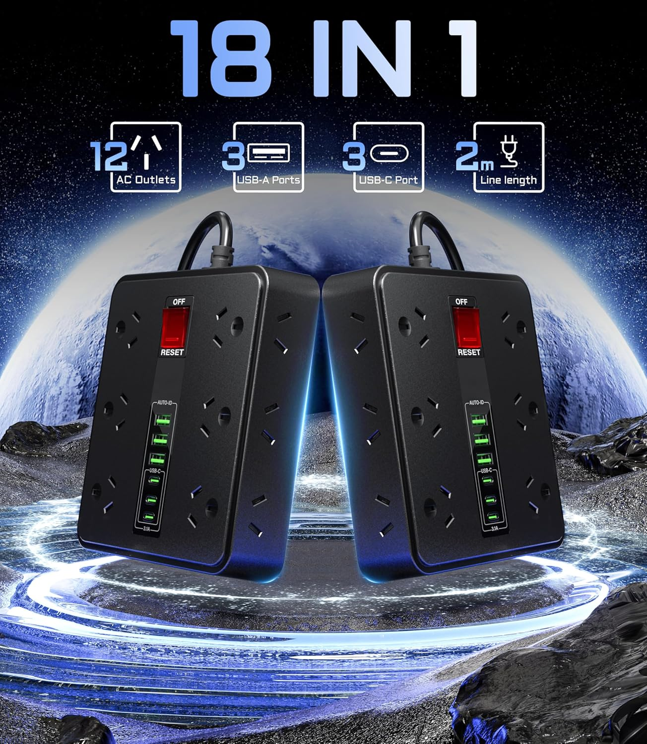 Powerboard USB Surge Protector - 18IN1 Power Board with 3 USB C & 3USB, 12 Outlet Power Strip with 1.9M Extension Cord, Wall Mountable 2500W Surge Protection and Overload Switch for Home & Office image number 2