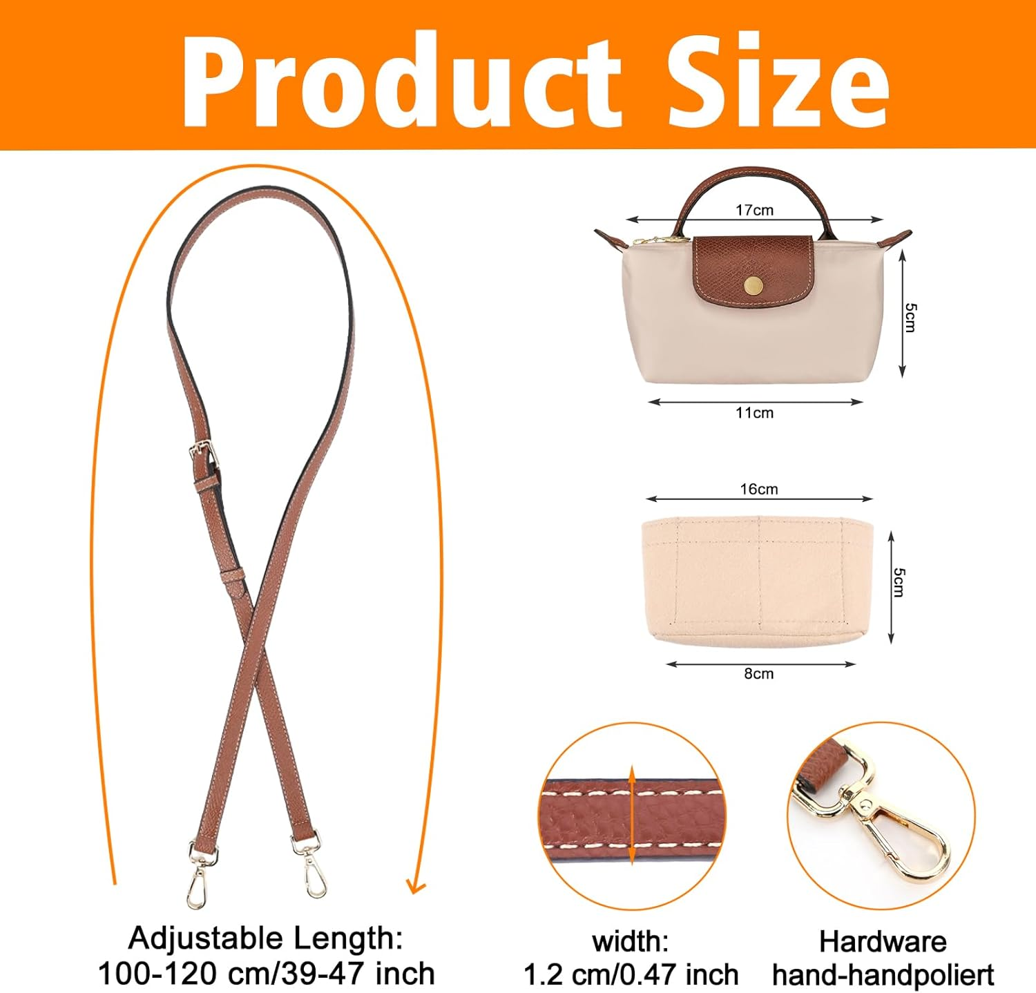 2Sets Mini Bag Strap Kit and Organizer Compatible with Longchamp, Folding Tote Bag Organizer Insert, Punch-Free Adjustable Buckle Strap Design, Multi-Pocket Felt Handbag Organizer, (1.2Cm) image number 3