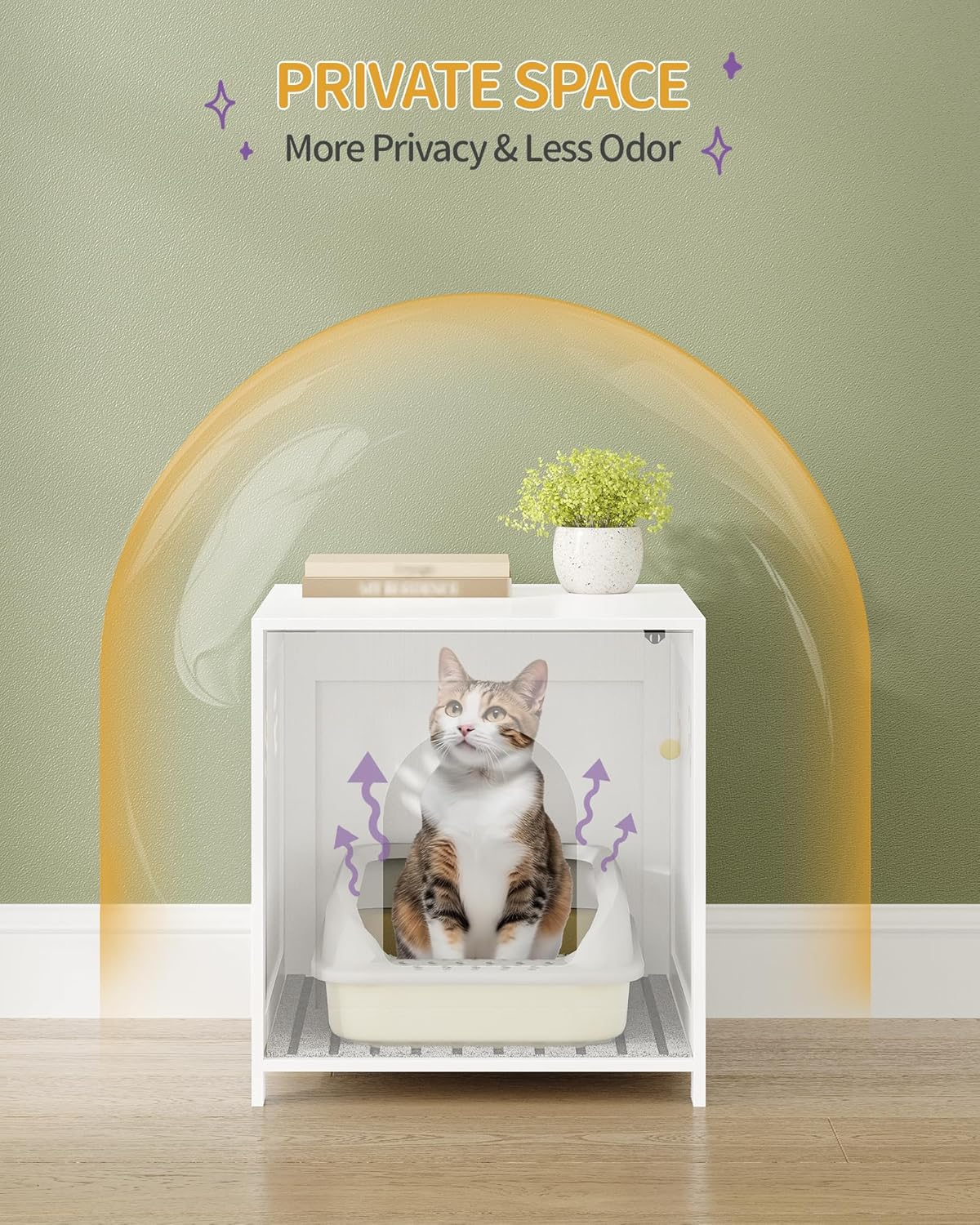 Hzuaneri Cat Litter Box Enclosure, 21.6" L Hidden Litter Box Furniture, Wooden Indoor Pet House with Front Arched Door, Side End Table, Nightstand for Living Room, Bedroom, White CB82213X image number 3