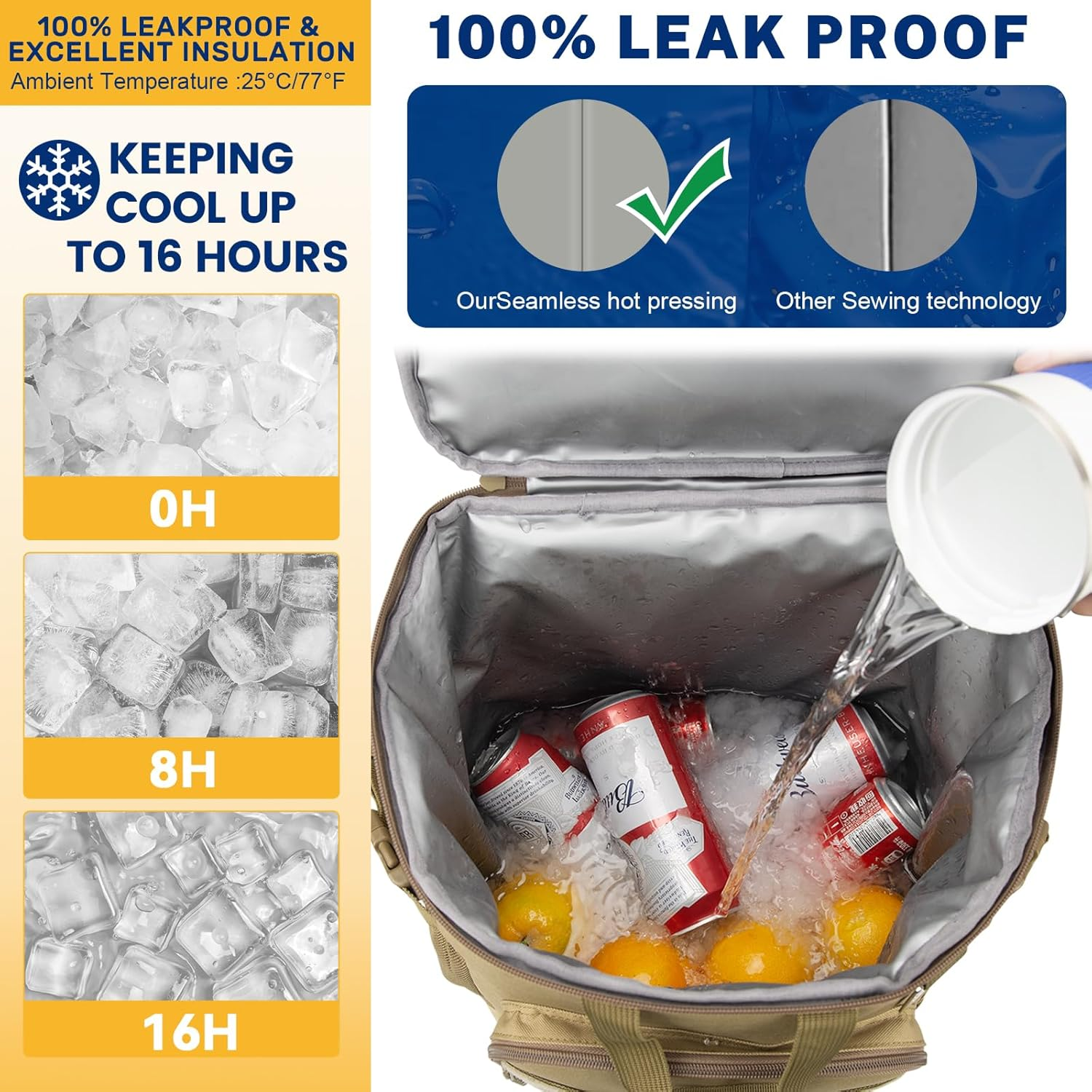 42L Tactical Cooler Backpack, 45/55 Cans Backpack Cooler Insulated Leak Proof, 2 Insulated Department Portable Soft Lunch Cooler Bag, Ice Chest Backpack for Hiking, Camping, Beach, Picnic