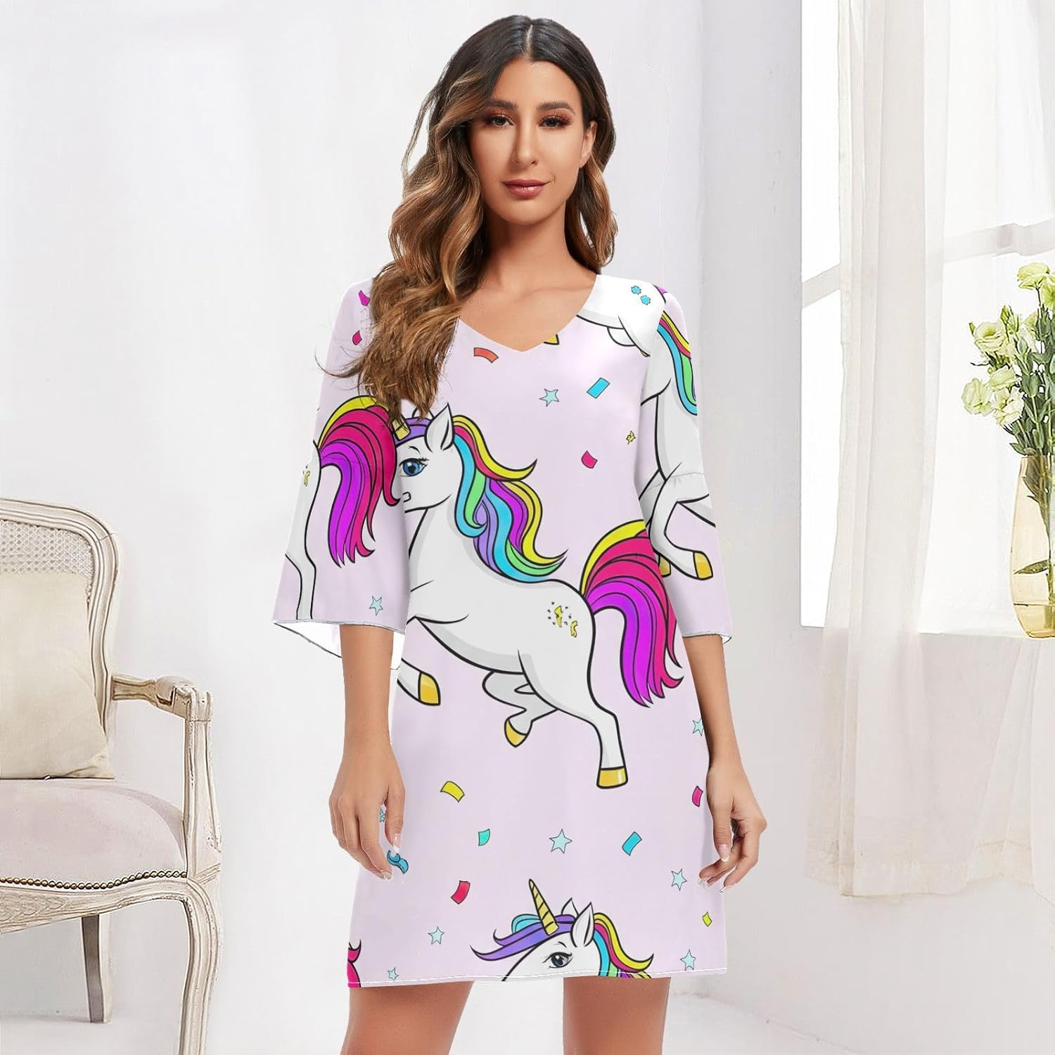 Playful Unicorn Pastel Purple Ladies Chiffon Dress Printed Maternity Dress Party S-XXL image number 4