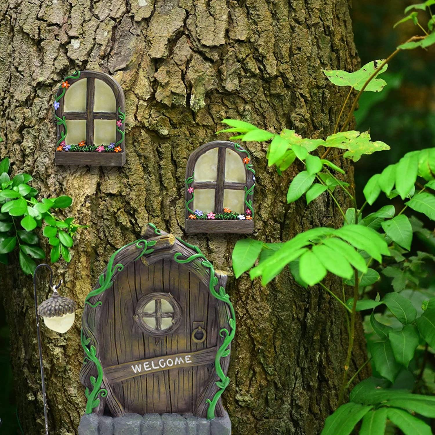 GANGH Garden Fairy Door Kits, Miniature Fairy Tree Ornaments, Fairy Doors Fairy Doors & Windows Kits for Tree Decorations Luminous Doors & Windows Kids Windows Glow in the Dark, Yellow, (GANGH08) image number 1