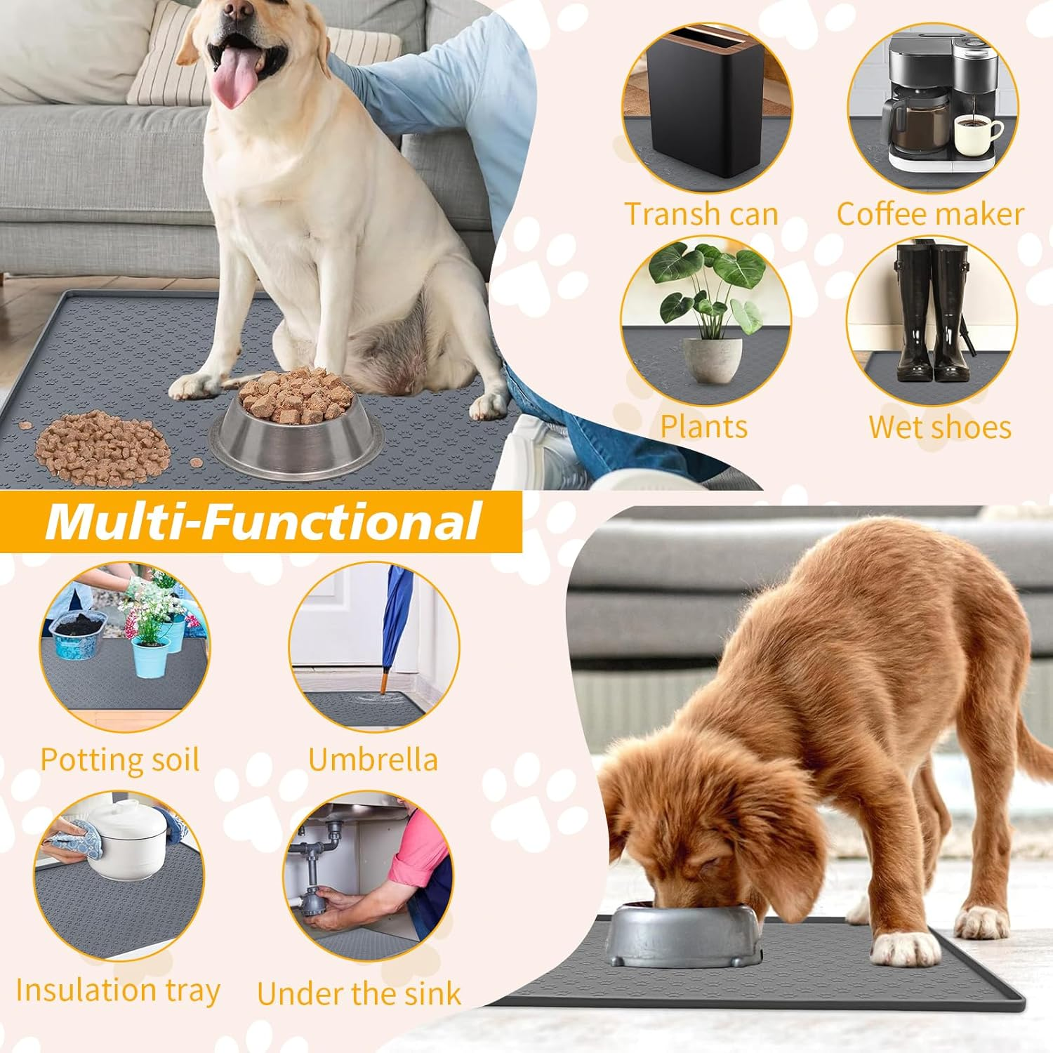 Silicone Waterproof Pet Feeding Mats - Non-Slip Dog & Cat Food Mat with Paw Pattern, Easy Clean Placemat Tray to Prevent Food/Water Residues & Overflow (Pink) image number 4