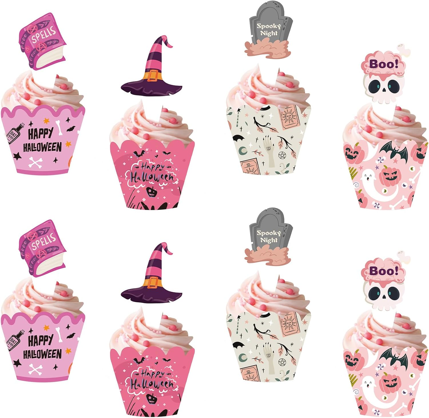 24 PCS Happy Halloween Cupcake Toppers and Wrappers,Printed with Pumpkin Skull Ghost Wizard Hat Pattern Pink Themed Cupcake Cake Decorations for Halloween Party Supplies image number 2