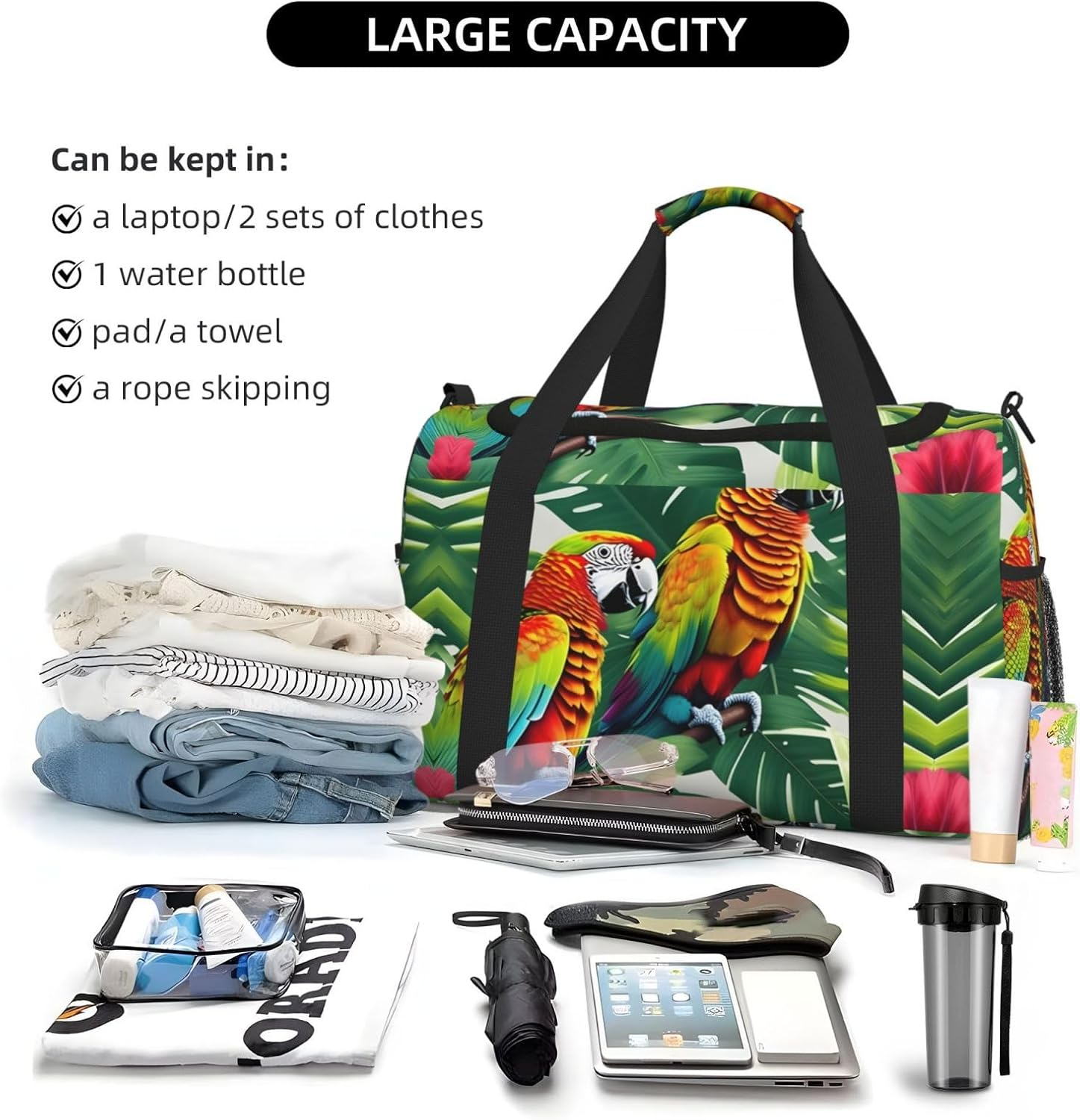 Tropical Flower Leaf Parrot Print Weekender Overnight Carry on Bag Duffel Bag for Travel Women Men Gym Luggage Bag Carry On, Black, One Size image number 6