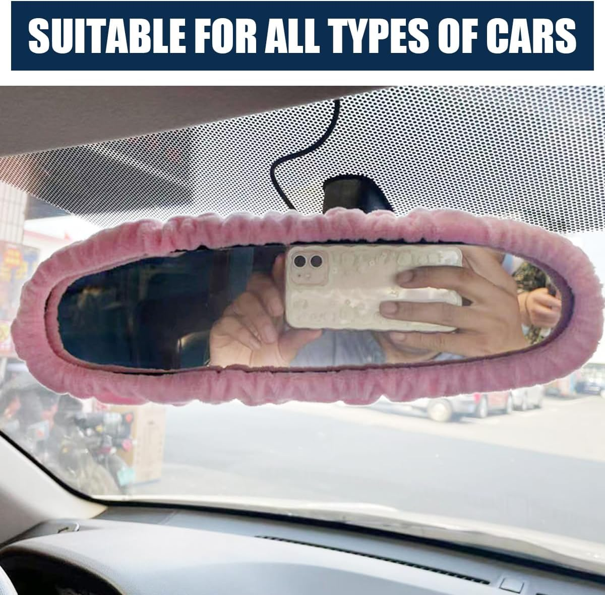 Car Rearview Mirror Cover, Auto Interior Elastic Comfortable Rear View Mirror Protector Decorative Accessories for Girls Women Man Gift, Universal for Vehicles, SUV, Truck, RV (Pink) - Black image number 3