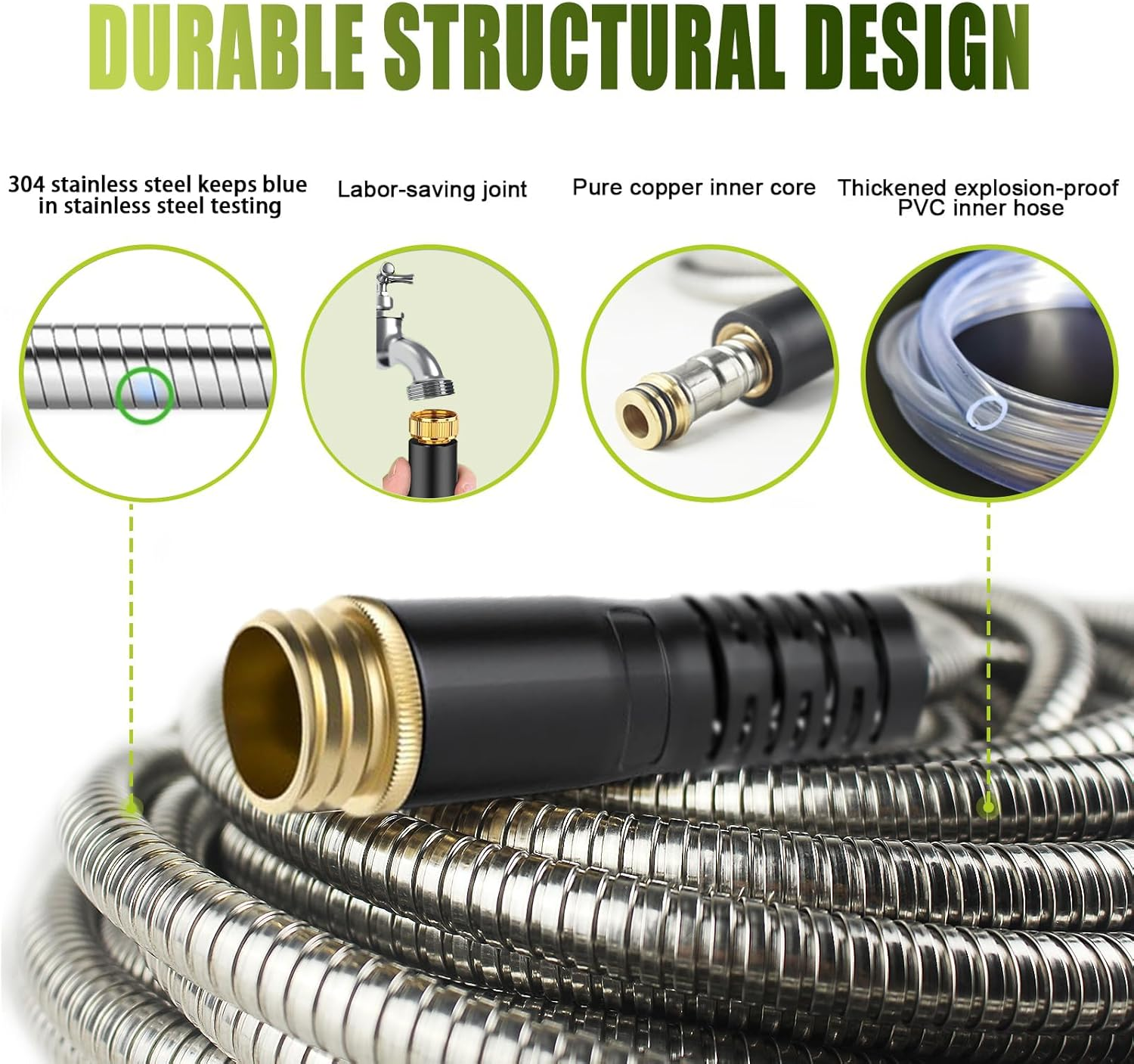 Blissora Stainless Steel Garden Hose, Leakproof Water Hose with Garden Nozzle Sprayer Anti-Rust Flexible for Outdoor, Car Wash, Yard, Lawn, 15M (50Ft) image number 3