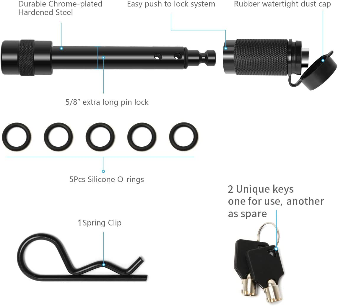 Coolrunner Trailer Hitch Lock Pin Set, 5/8" Extra Long Black Locking Hitch Pin, Heavy Duty Tow Hitch Receiver Lock with Anti-Rattle, Keys, Rubber Cap(5/8" Not Keyed Alike) image number 6