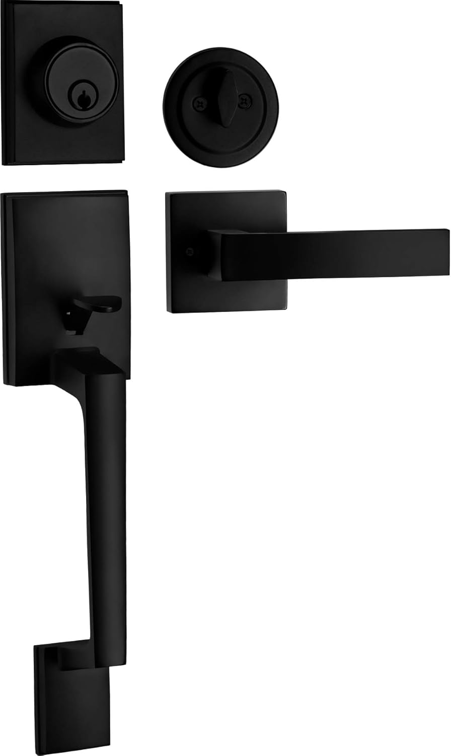 Berlin Modisch Full Escutcheon Handleset Front Door Entry Handle and Deadbolt Lock Set Slim Square Single Cylinder Deadbolt and Lever Heavy Duty &ndash; Iron Black Finish