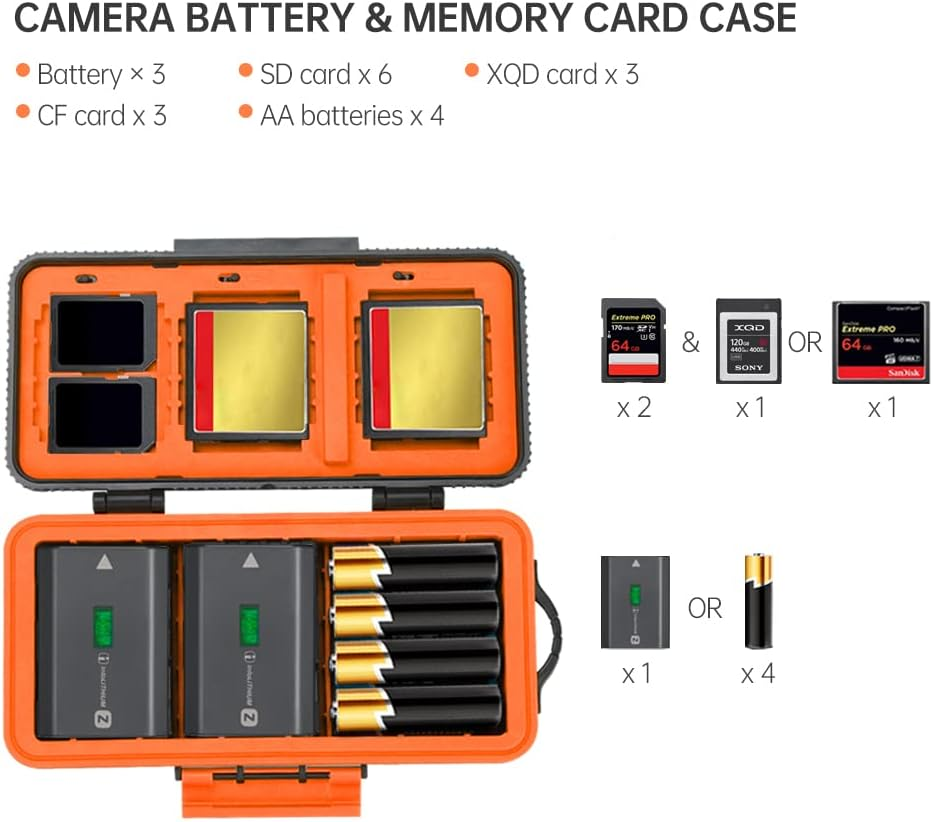 Camera Battery and Memory Card Case - Professional Water-Resistant & Shockproof Storage Box for 3 Batteries or 4 AA Batteries, 6 SD SDXC SDHC and 3 XQD or 3 CF Cards-O image number 1