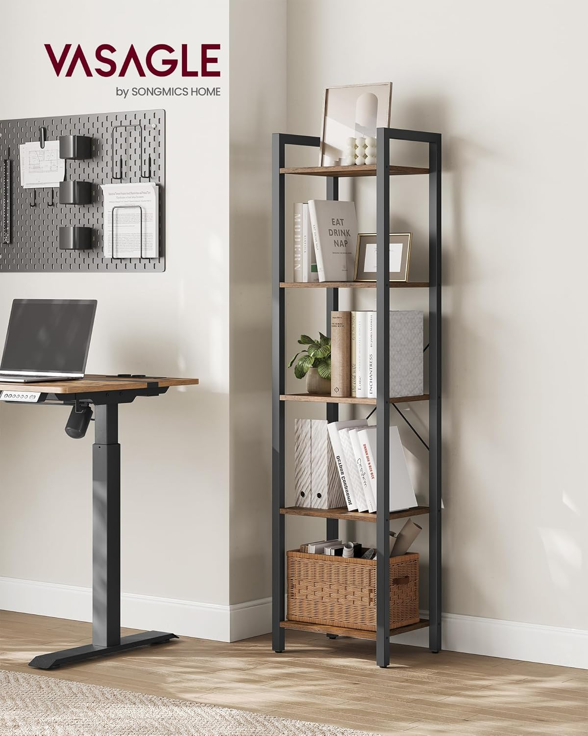 VASAGLE Bookshelf, Bookcase, 5-Tier Storage Shlef Rack with Steel Frame, for Living Room, Office, Study, Hallway, Industrial Style, Rustic Brown and Black ULLS100B01