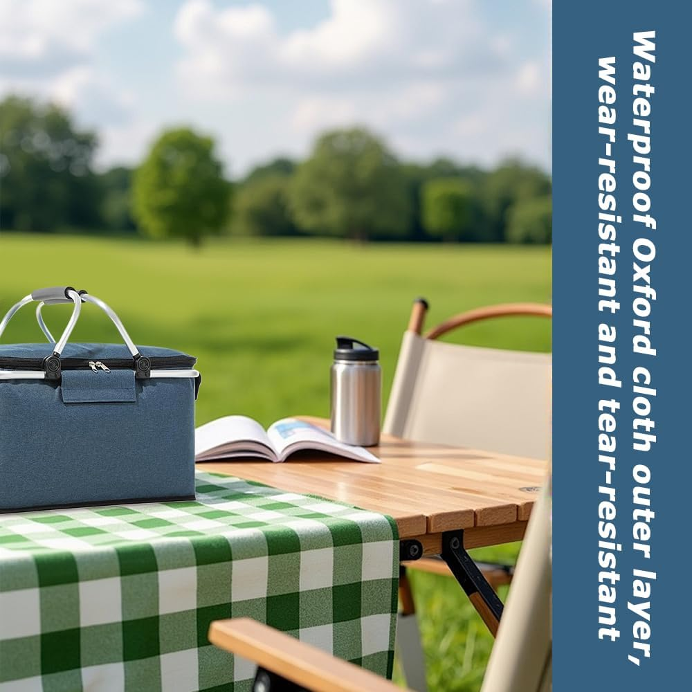 Insulated Picnic Basket Collapsible Picnic Basket with Lid Leak-Proof Cooler Bag for Picnic,Food Delivery,Take Outs,Market Shopping,Travel, Blue image number 1