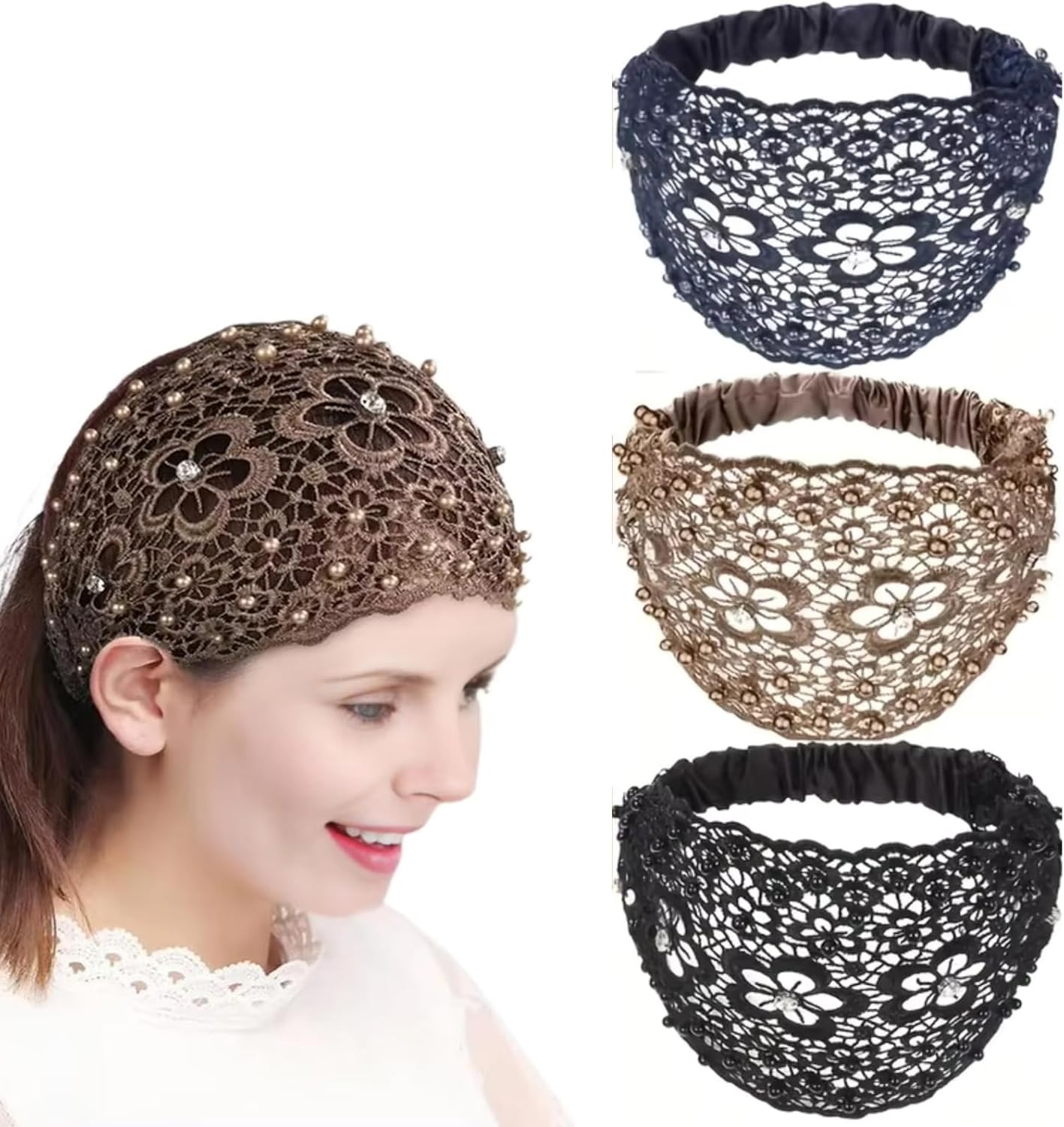 Lace Headbands for Women, Lace Pearl Hollow Elastic Headbands Bohemian Hair Bands Summer Hair Accessories for Women Girls Yoga, Working Out, Gym, Running(3 Colors) image number 5
