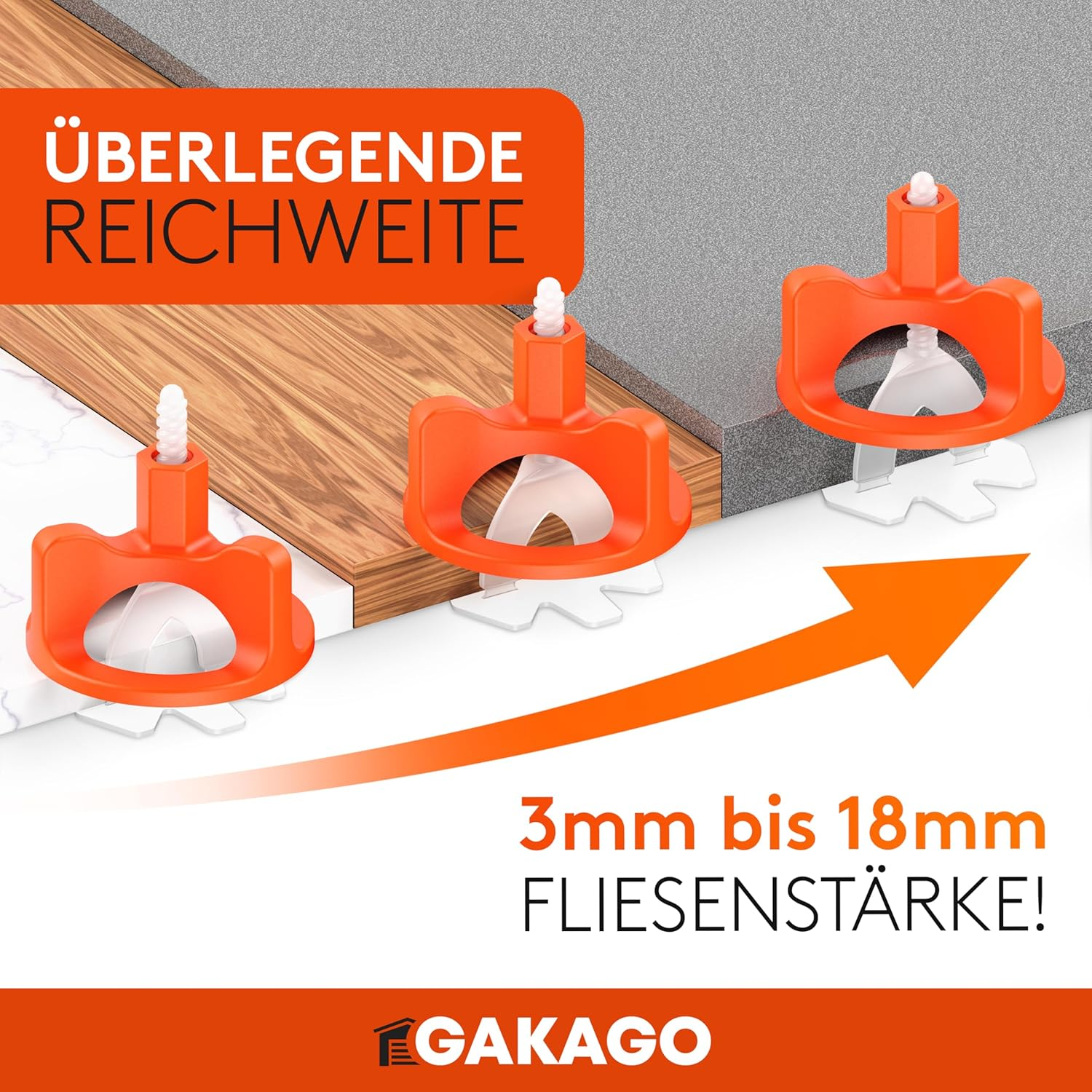 Gakago Tile Levelling System 200 Thread Tabs 2 Mm - Laying Aid for a Perfect Joint Pattern - Superior Range for Tile Thicknesses 3-18 Mm - Tile Protection with Schon Washers image number 2
