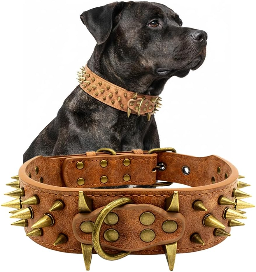 The Mighty Large Spiked Studded Dog Collar - Protect Your Dog'S Neck from Bites, Durable & Stylish, for Large Dogs (Brown L)
