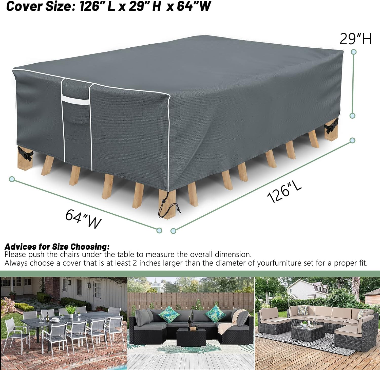 Outdoor Furniture Cover Waterproof, Outdoor Sectional Cover, 500D Heavy Duty, All Weather Protection Rectangular Patio Covers for Outdoor Furniture Set, 126" L X 64" W X 29" H -Grey