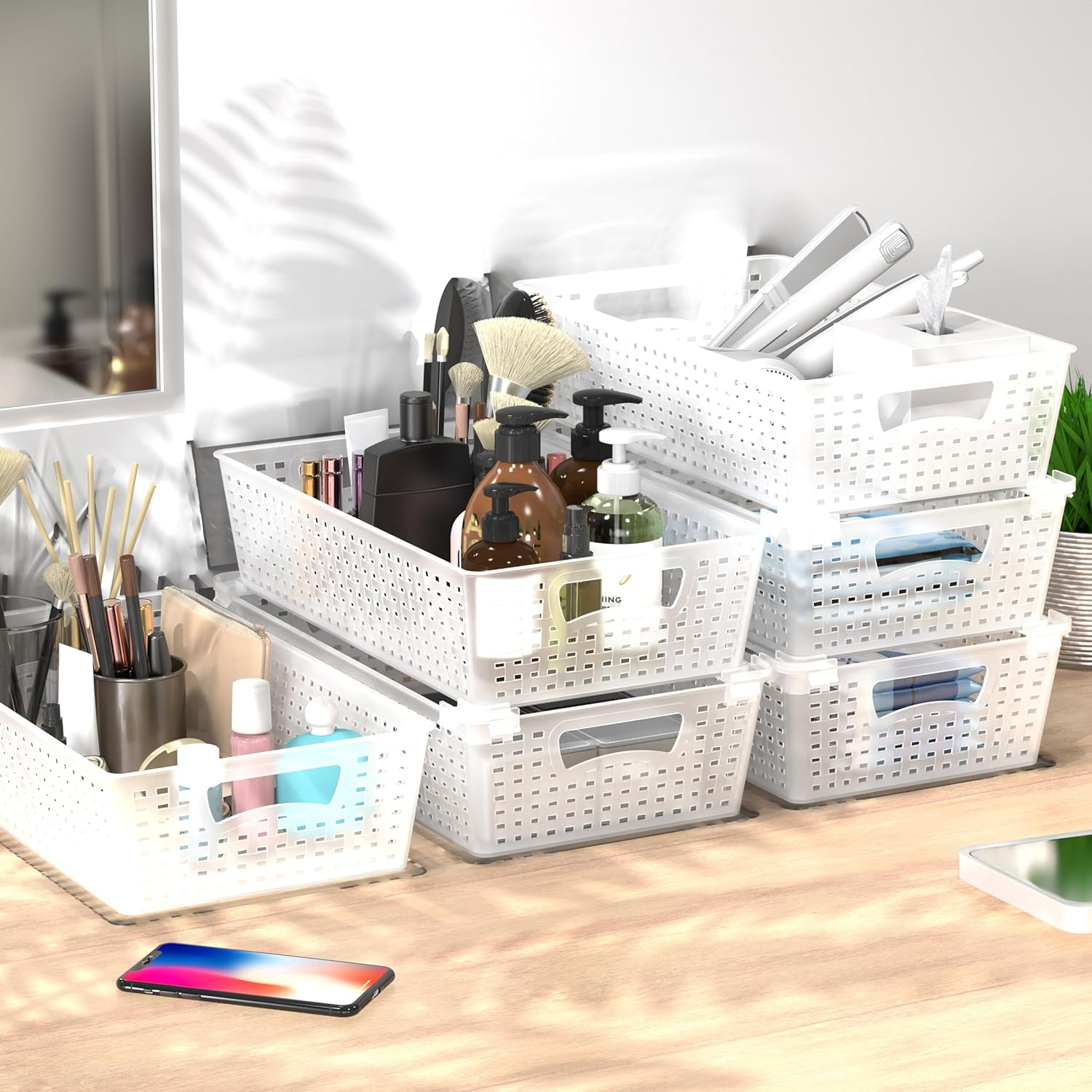 Simple Houseware Stackable Plastic Storage Baskets Kitchen Drawer Organiser, 6 Pack, Clear image number 2