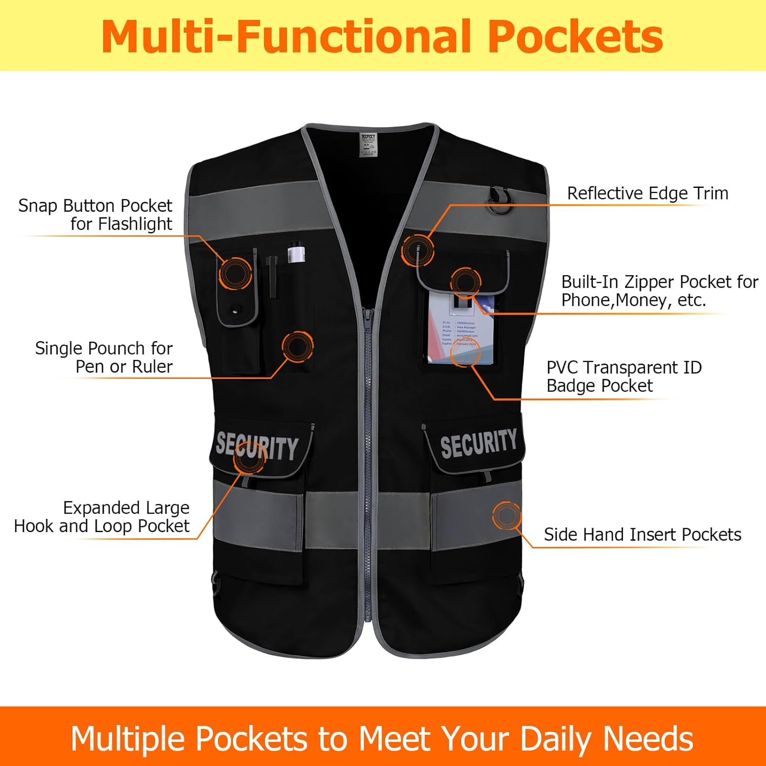 TCCFCCT Security Vest for Security Guard 9 Pockets High Visibility Safety Vest image number 2