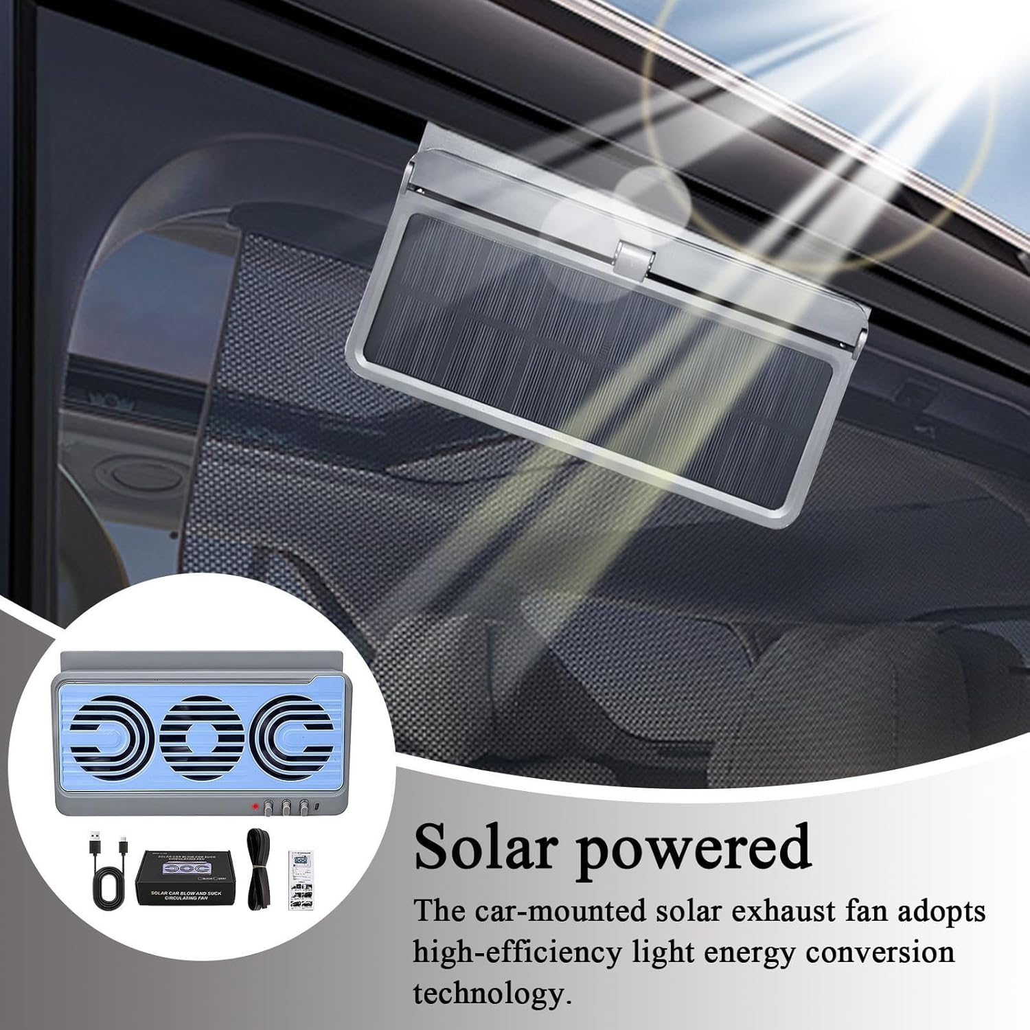 Solar Car Window Fan - Portable Cooling Solar Auto Fan - Quiet Ventilator Device with Air Purification for RV Truck Home Outdoor Camping Travel Activities image number 1