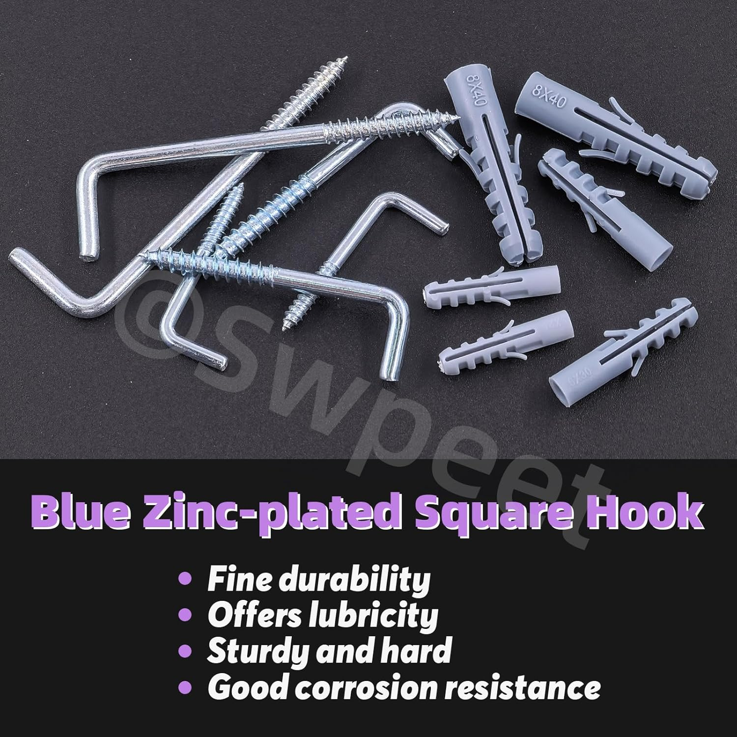 Swpeet 150Pcs 3 Sizes Blue White Metal Screw-In Square Bend Hooks with Expansion Tubes Anchors Assortment Kit, L Shaped Self-Tapping Screws Hooks L Type Photo Frame Right Angle Hook for Wall Hanging