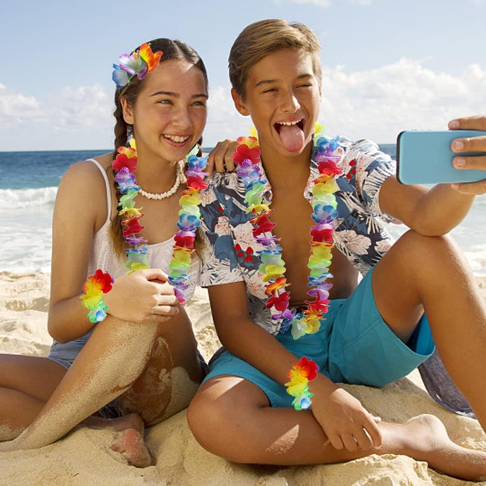 YSHIGUING 6Pcs Hula Skirt Costume Hawaiian Fancy Dress with Grass Skirt, Hawaii Leis, Hibiscus Hair Clip, Hawaiian Costume Set for Women Summer Beach Tropical Party Decoration image number 2