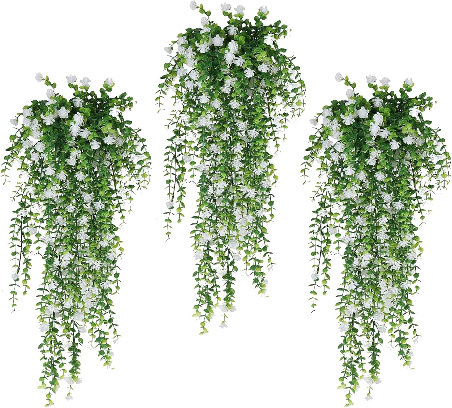 3Pcs Artificial Fake Hanging Plants Simulated Faux Fern Outdoor UV Resistant Plastic Greenery Flowers Plant Vine for Decorations Home Room Wall Garden Courtyard Wedding Party Balcony Decor(Rose)