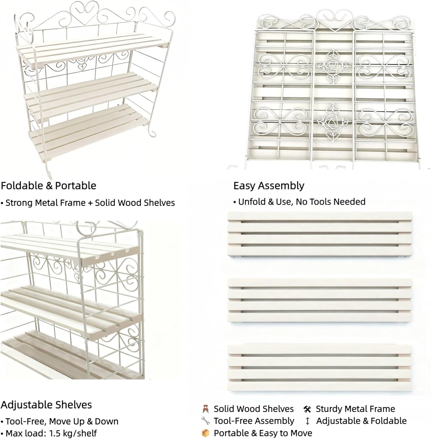 Celsaovo Decorative Plant Shelves & Countertop Storage Rack &ndash; White Metal & Wood, Space-Saving Freestanding Rack, Easy Tool-Free Setup for Kitchen, Plants & Spices - White image number 1