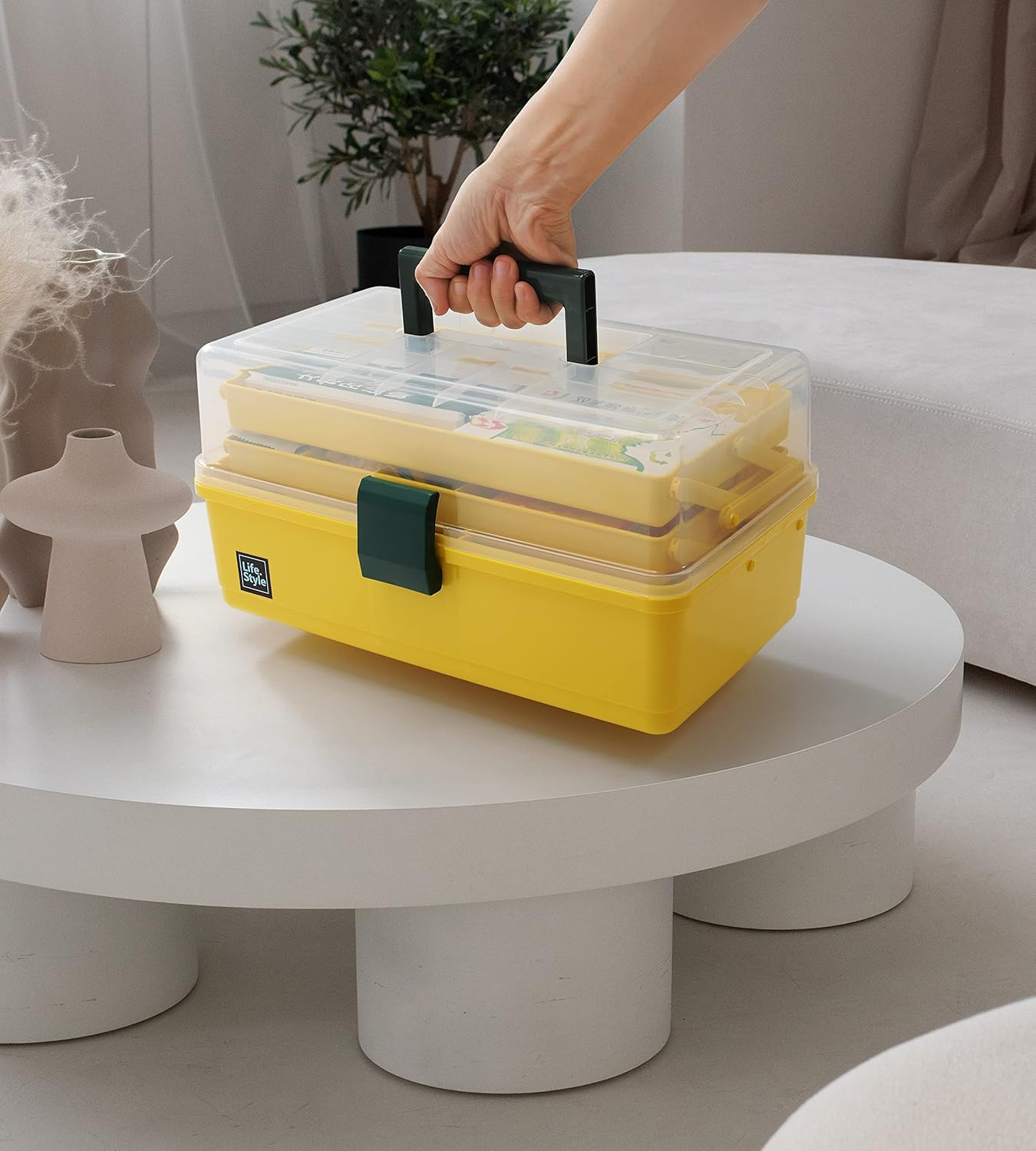 3 Layers Plastic Portable Storage Box, Multipurpose Organizer and Storage Case for Art Craft and Cosmetic, Portable Handled Storage Box for Home, School, Office, First Aids (Yellow) image number 5