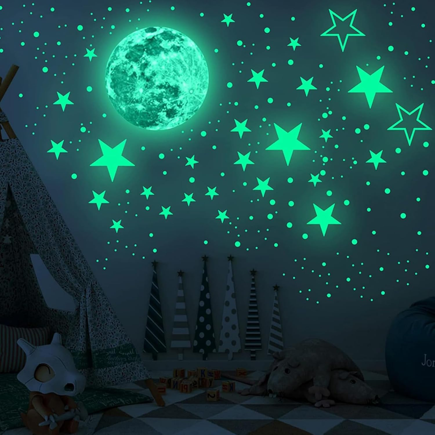 Glow in the Dark Wall Stickers,435 Pcs Glow in the Dark Stars and Moon Wall Decals,Star Stickers,For Ceiling or Walls,For Kids Boys Girl Bedroom,Bedroom Living Room Decoration (Green) image number 4