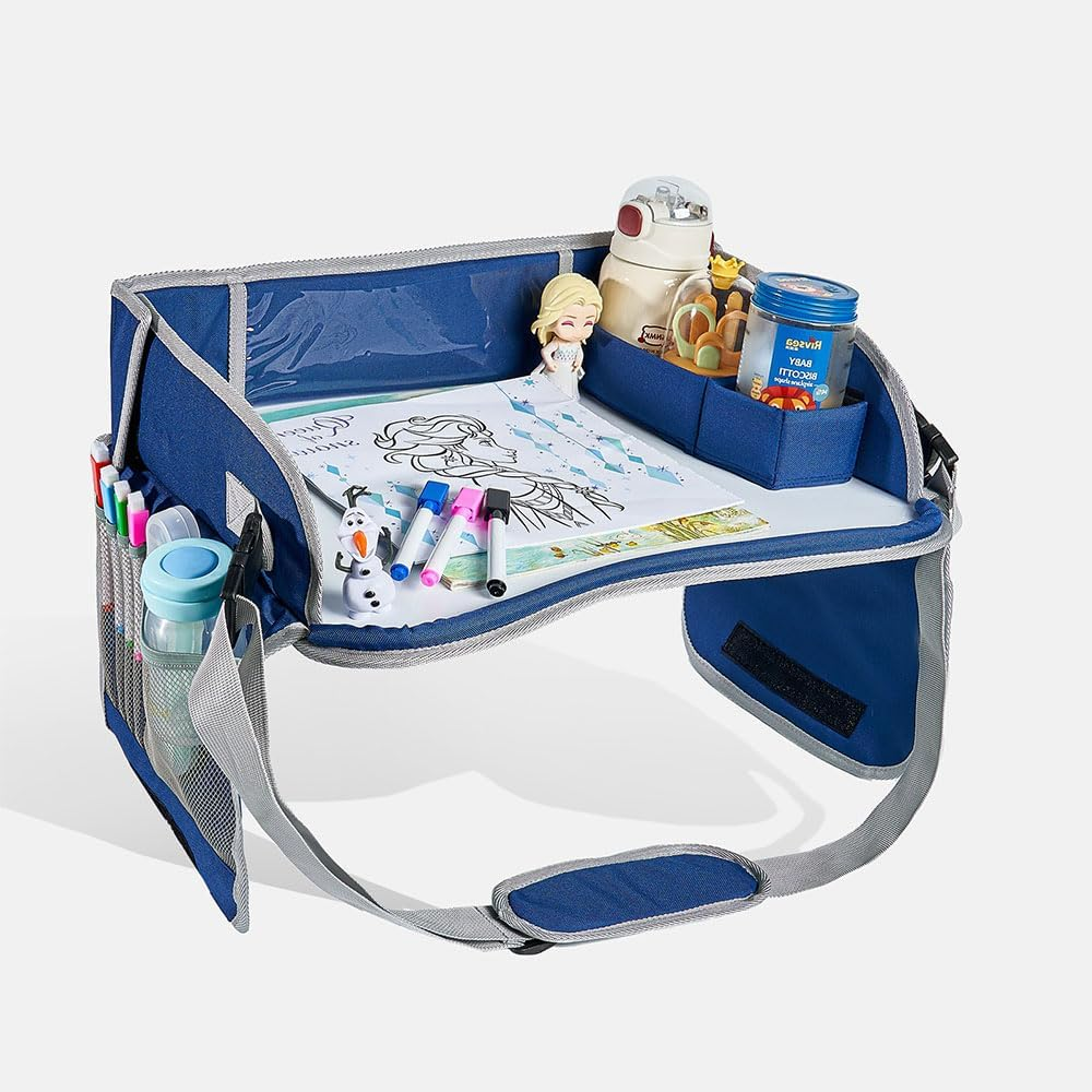 HYAVIA Kids Travel Tray with Whiteboard, Car Seat Drawing Board for Toddlers, Portable Activity Lap Tray with Storage Pockets & Adjustable Strap, Navy Blue, 44&times;34&times;11Cm image number 6