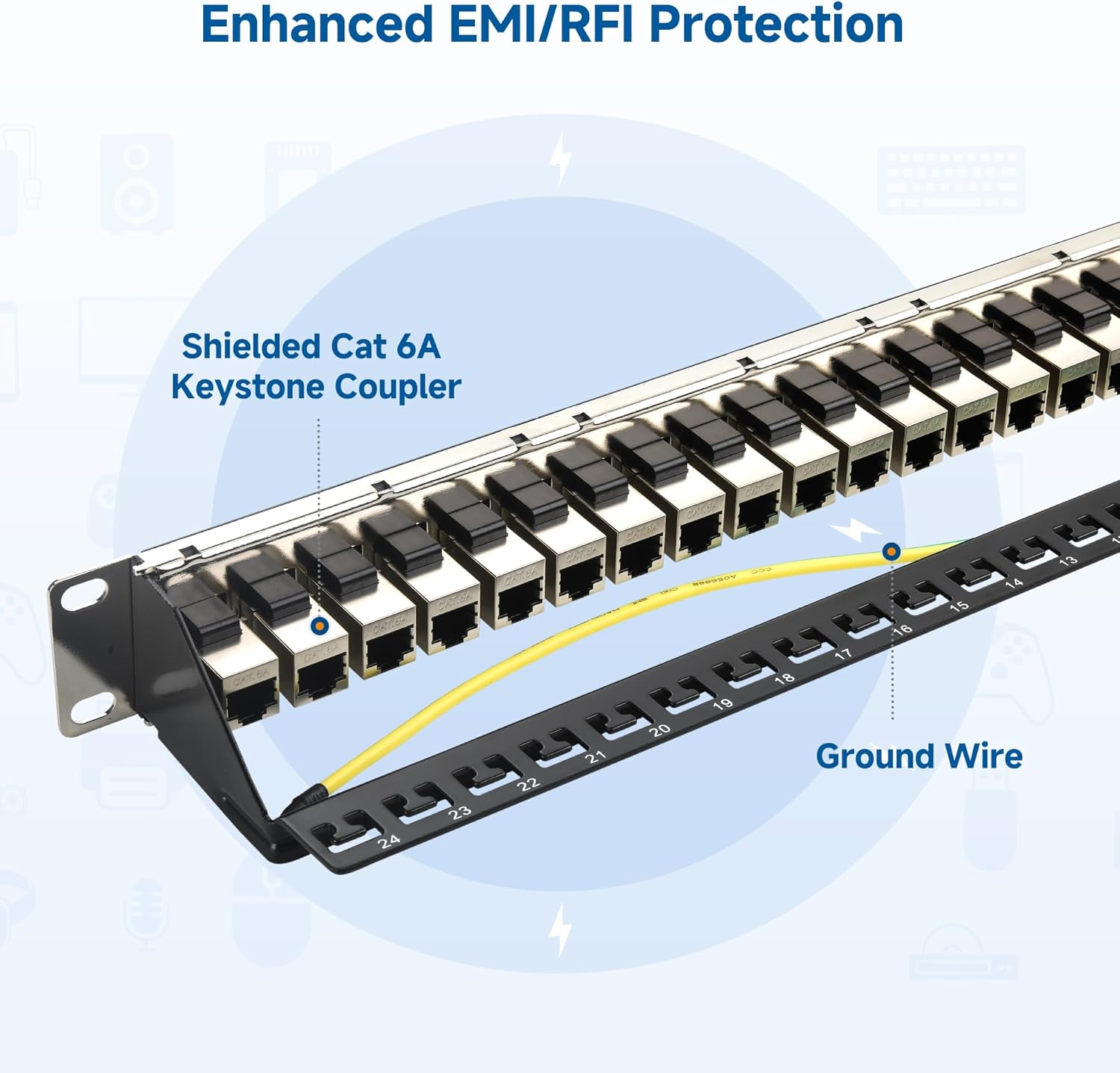 Cable Matters 1U 19-Inch 24-Port 10Gbps Cat6A Ethernet Patch Panel with Inline Keystone and Cable Management Bar, Rackmount or Wall Mount RJ45 Patch Panel image number 5