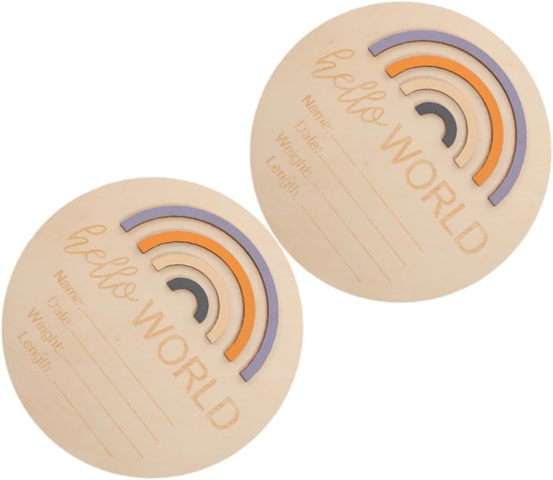 2Pcs Rainbow Pattern Monthly Milestone Cards for Newborn Photography Props Birth Announcement Signs Wooden Discs image number 6