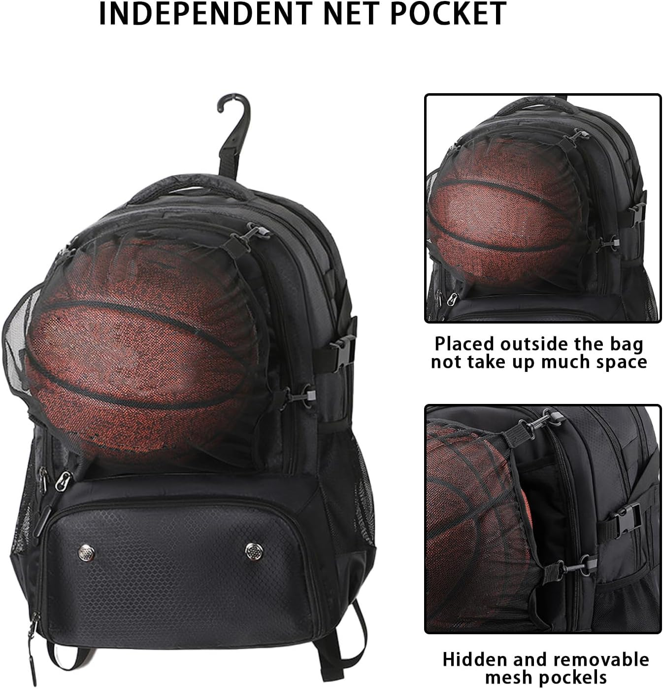 Ruaizel Basketball Backpack with Separate Ball Holder & Shoes Compartment, 40L Large Capacity Basketball Equipment Bag with Detachable Mesh Pocket for Volleyball Soccer Swim Gym Travel (Black) image number 4