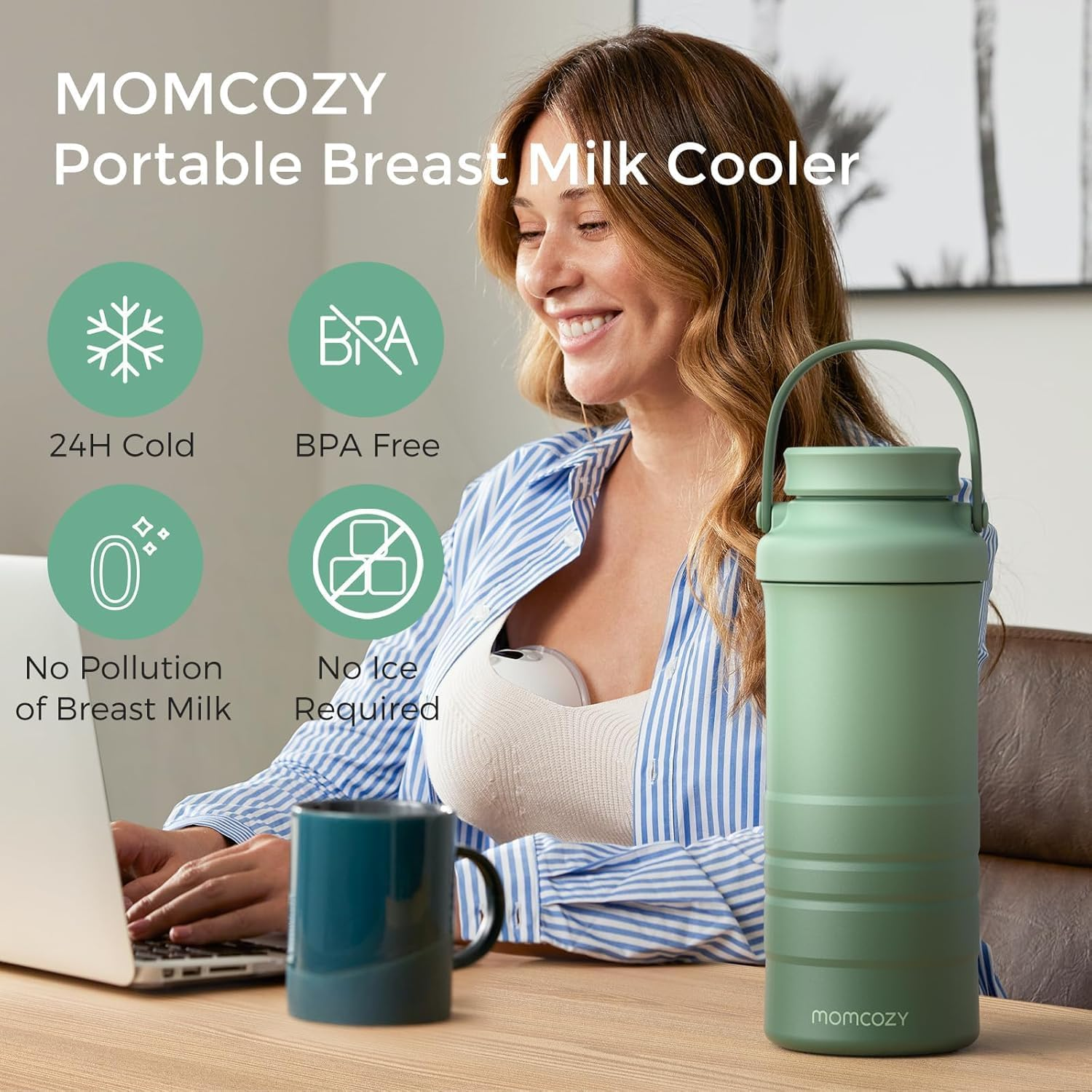 Momcozy 22Oz Portable Breast Milk Cooler for Outdoor, Life Saver with 360&deg; Total Cooling for 24 Hours, Larger Capacity Travel Breastmilk Chiller with 2Pcs Baby Bottles for Breastmilk Storage, Green image number 4