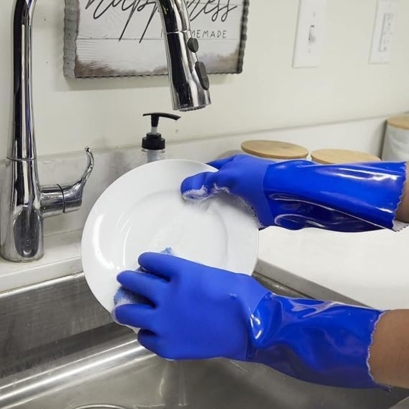 Rubber Gloves-2 Pairs Reusable Waterproof Household Cleaning Dishwashing Non-Slip Kitchen Gloves for Wash Dishes, Cotton Lined (Blue and Orange) image number 6