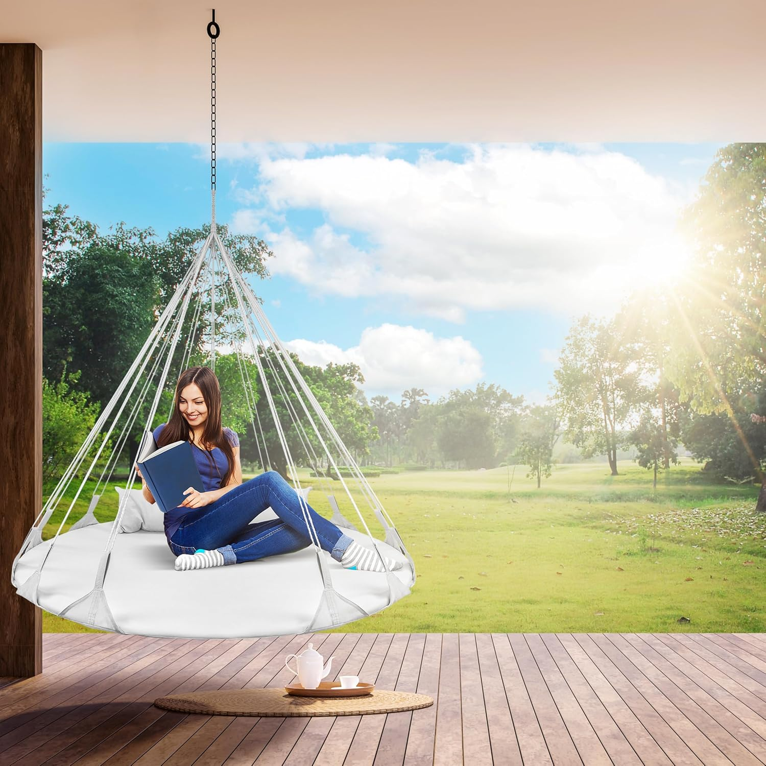 Sorbus 56" Stylish Hanging Swing Nest - Premium Cotton Double Hammock Daybed Saucer Style Lounger Swing - 264Lbs Sturdy Spinner Tree Swing W/Pillow - Easy Setup - for Indoor/Outdoor, Travel - White - Green image number 3
