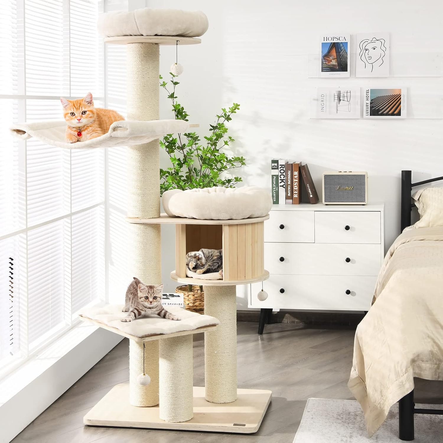 Wood Cat Tree for Indoor Cats, Tall Modern Cat Tower W/Sisal Scratching Posts, Condo, Padded Perch, Hammock, Napping Bed, Dangling Ball, Multi-Level Pet Furniture Kitty Activity Center image number 2