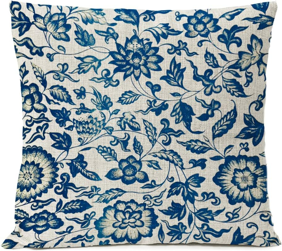 FUNHOM Blue Flowers Pillow Covers 18X18 Set of 4 Leaf Floral Linen Pillow Cover Home Decorative Sofa Leaves Vintage Pillow Cases Cushion Cover image number 4