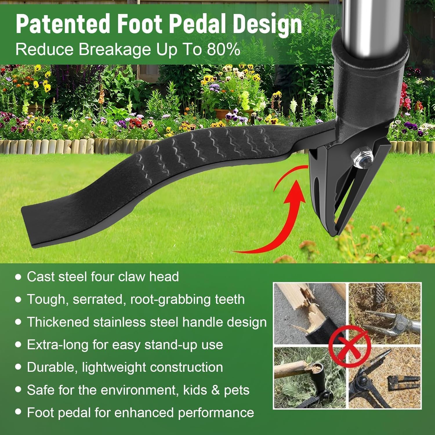 Weed Puller Tool, 4-Claw Stand up Weeder with Adjustable 46&rdquo; Handle for Remove Weeds without Bending, Pulling or Kneeling image number 1