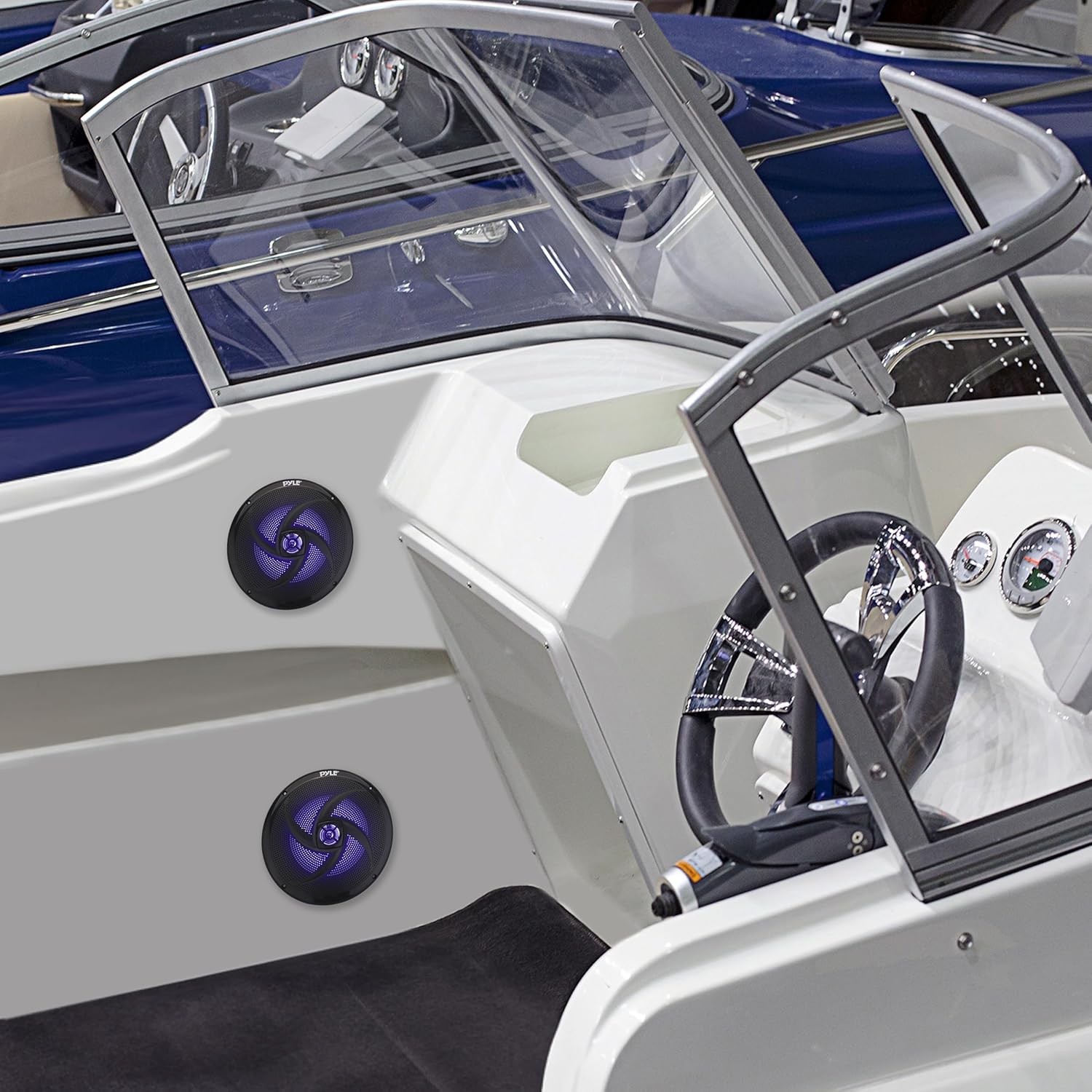 Pyleusa Dual 8'' Marine Speakers - 2 Way Full Range Stereo Sound, 160 Watt, Black - LED Light: Blue Illumination, Water-Resistant Design image number 1