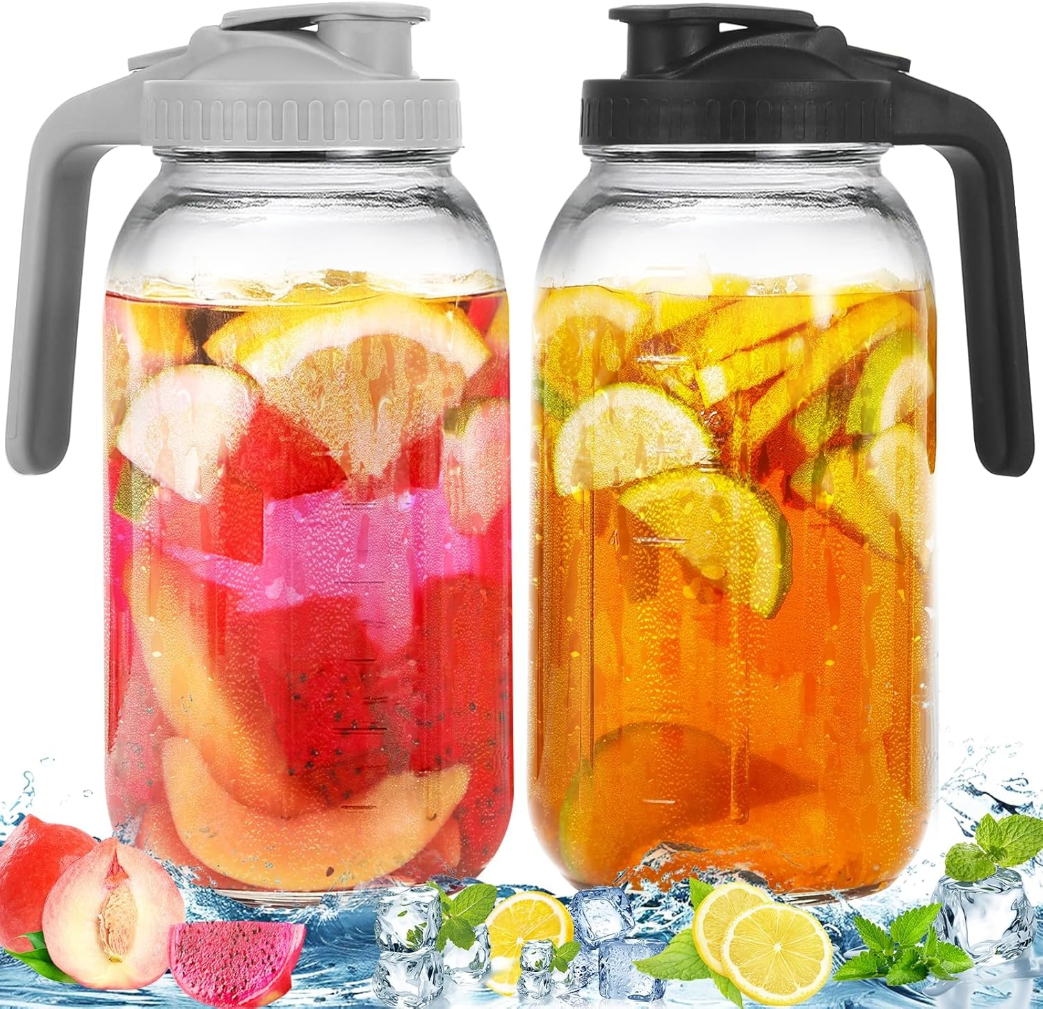 AVITONG 2 Pack Glass Drink Jugs with Handles & Lids &ndash; 1.9L Large Capacity Water Pitchers for Iced Tea, Juice, Lemonade & Fruit Infusion &ndash; Bpa-Free, Leakproof, Fridge & Dishwasher Safe image number 2