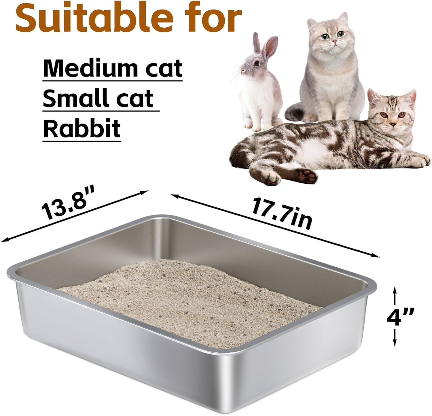 Nyutu Stainless Steel Litter Box - Metal High Sided Cat Litter Box Pan，Odor-Proof,No Stick Easy Clean-No Smell，Large for Cat Litterbox Tray Toilet Pet Supplies for Indoor Kitty, Kitten, Rabbit, Puppy image number 4