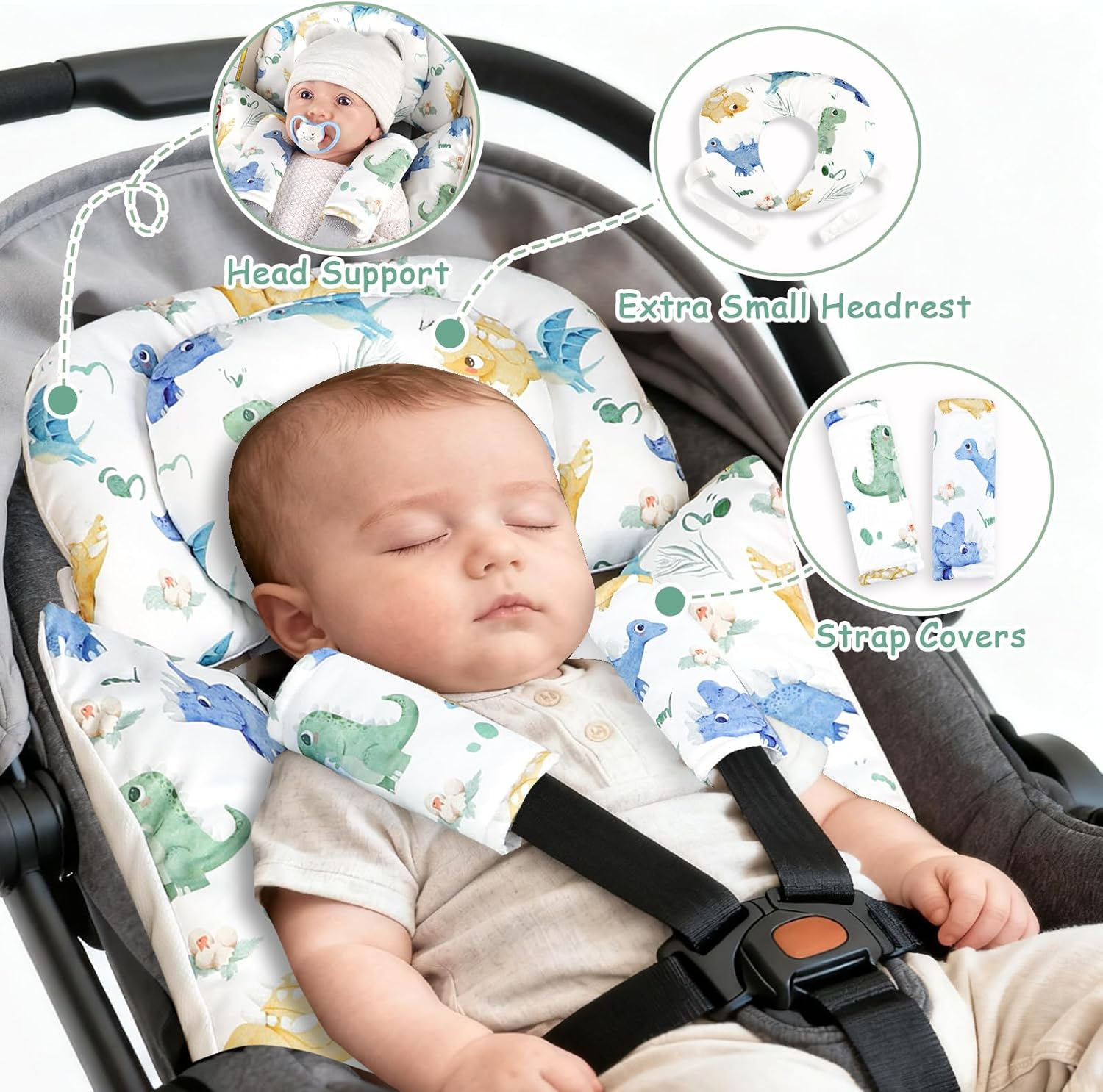 TANOFAR Infant Car Seat Insert for Preemies & Newborns, Baby Car Seat Insert with Removable Head Support, Universal Head and Body Support Pad for Car Seat, Stroller & Swing(Dinosaur) image number 2