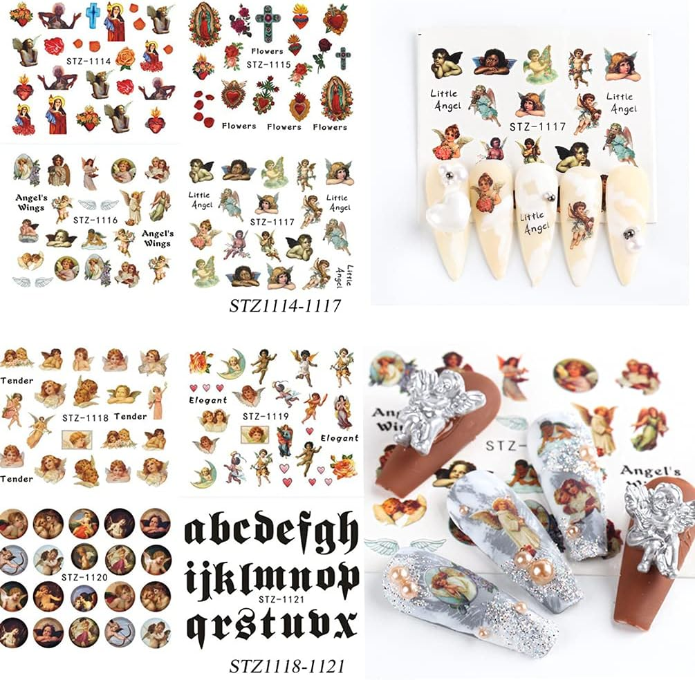 8 Sheets Angel Nail Art Stickers Cupid Nail Decals Water Transfer Design Angel Eros Designer Nail Stickers for Women Girls Cute Nail Decoration DIY Manicure Tips image number 3