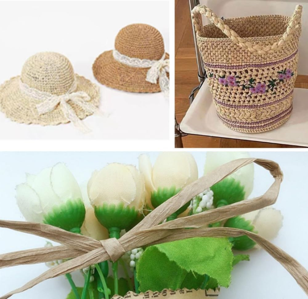 3 Rolls Raffia Paper Ribbon, Naisfei Raffia Paper Ribbon, Natural Raffia Paper Cord, Gift Ribbon Packaging Paper Twine for DIY Crafts Weaving Decoration (110 M/Volume) image number 2