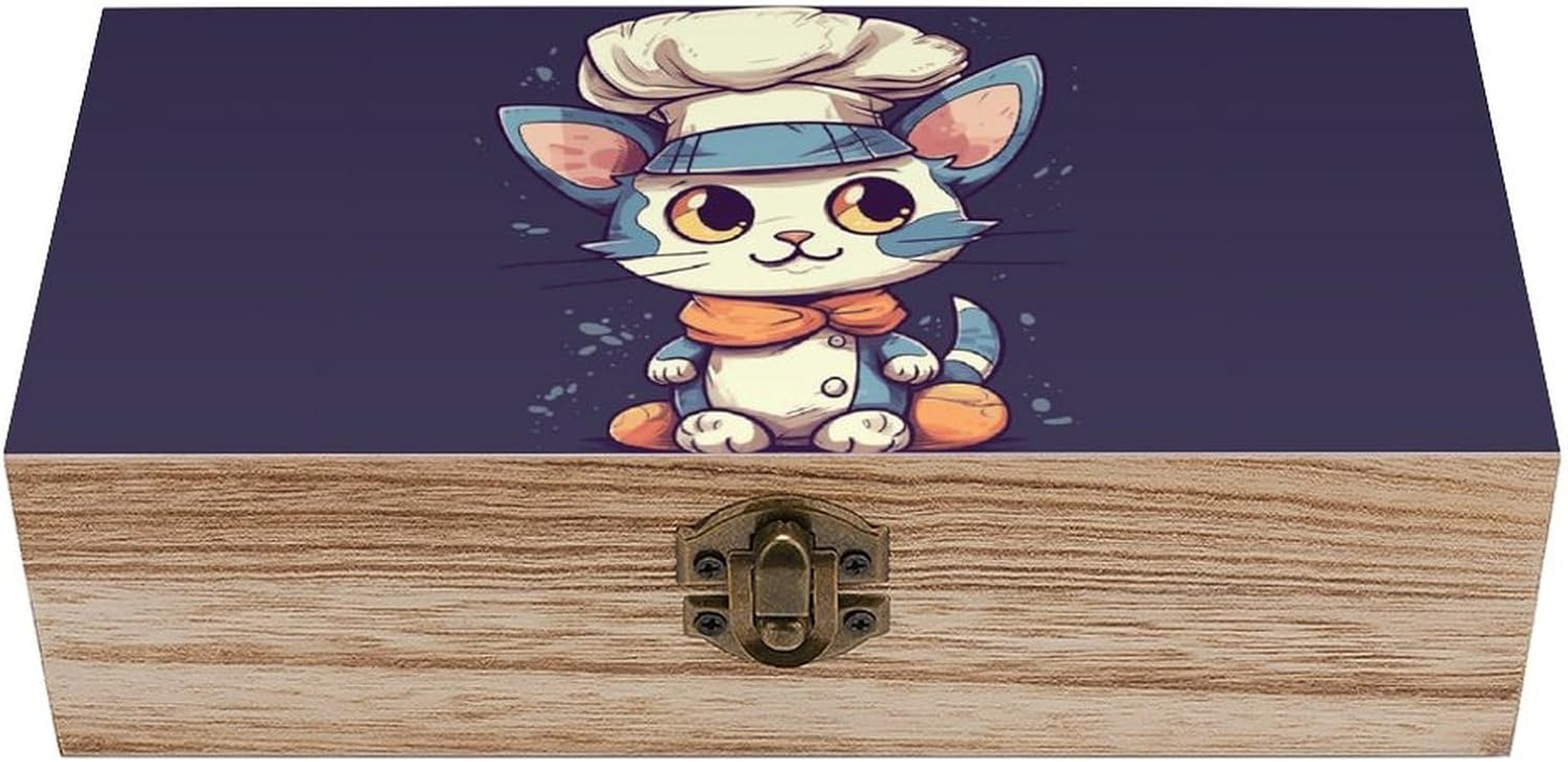 Cat Wearing Chef Hat Wooden Box Wood Wedding Keepsake Boxes with Lids Small Decorative Boxes Lightweight Wooden Memory Storage Box for Crafts Keepsakes Jewelry Photo Letter Storage image number 6